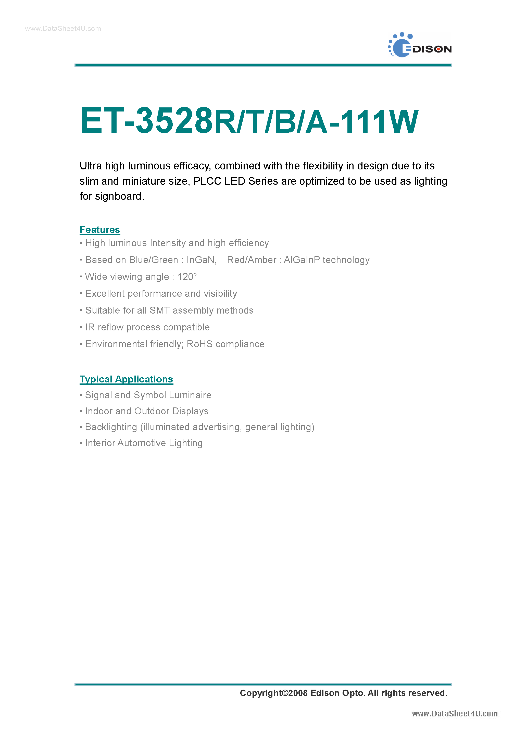 Datasheet ET-3528A-111W - ET-3528R/T/B/A-111W page 1