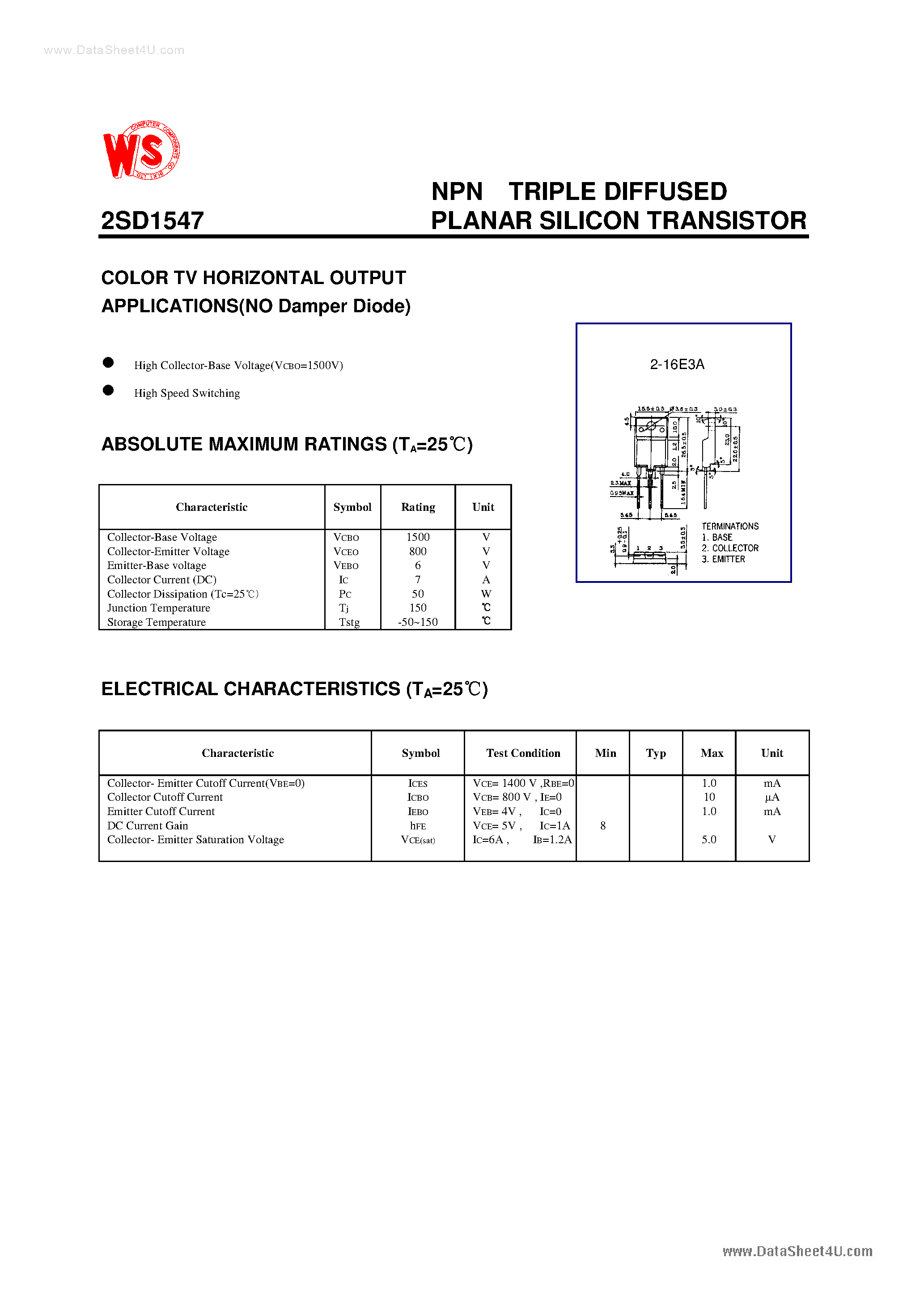 Datasheet D1547 - Search -----> 2SD1547 page 1