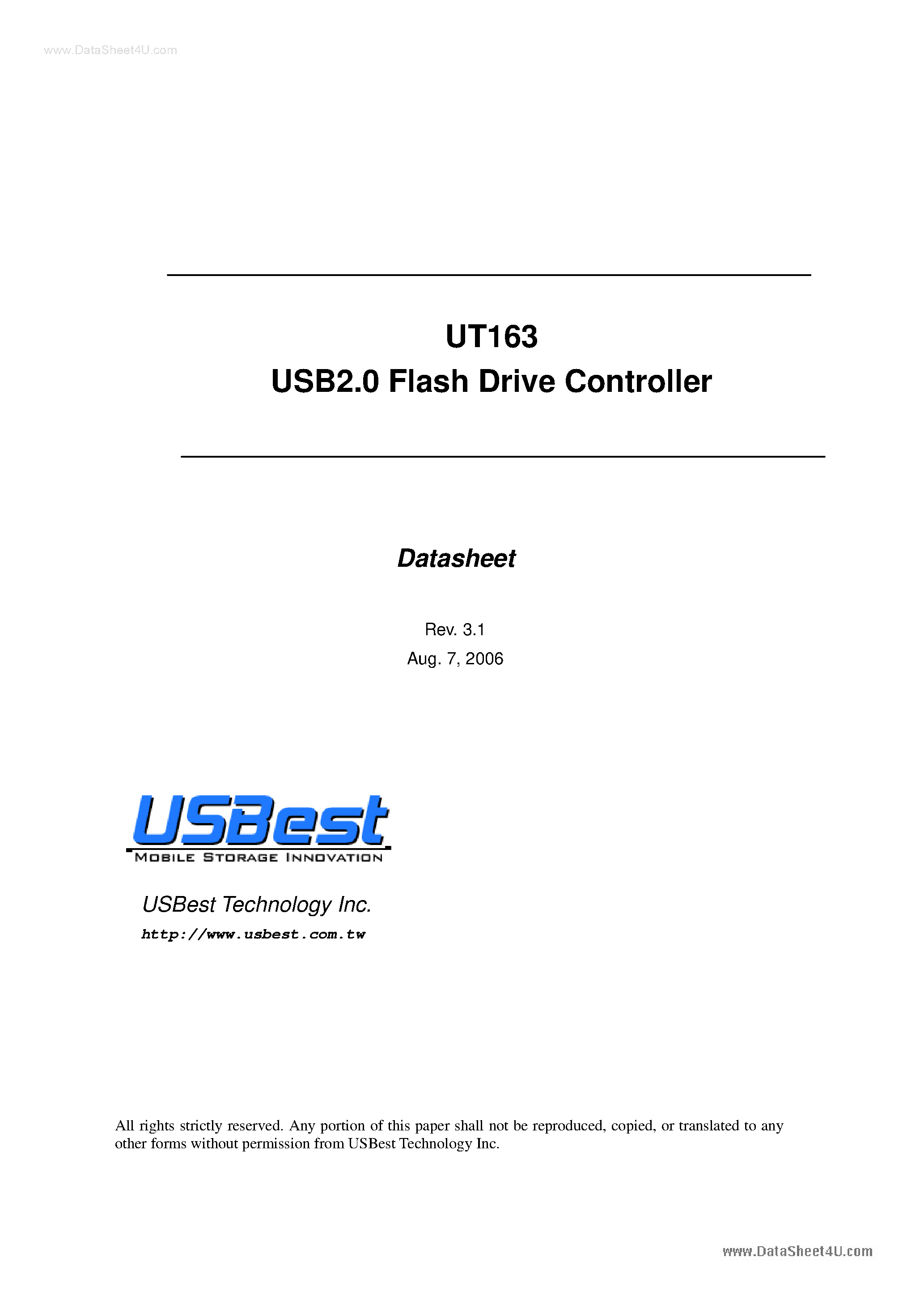 Даташит UT163 - USB 2.0 Flash Drive Controller страница 1