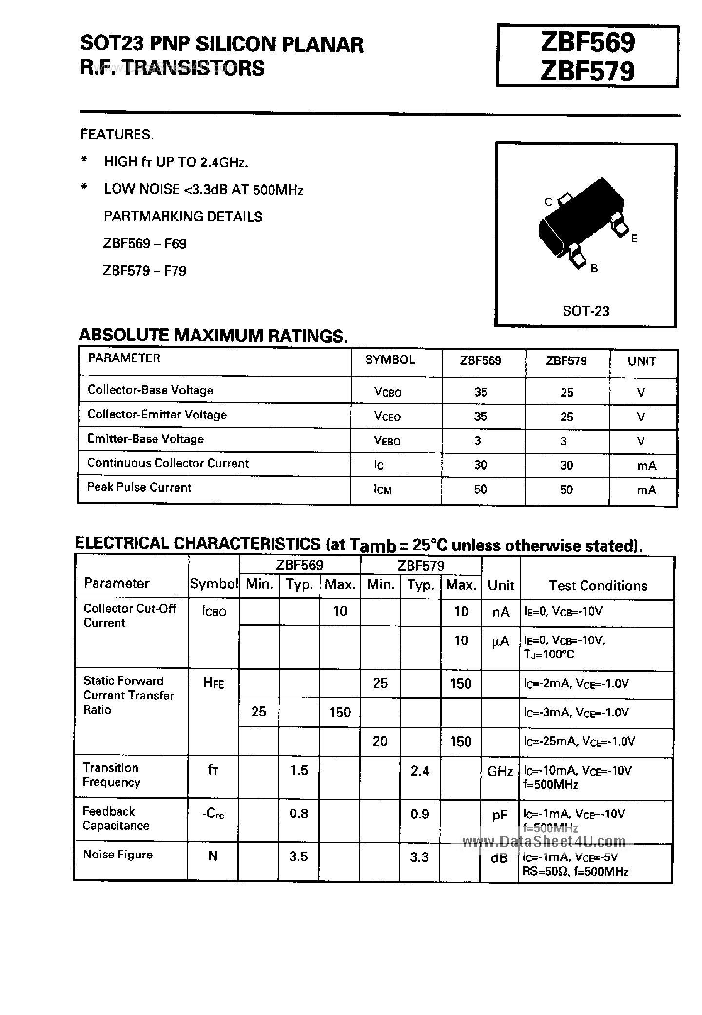 Даташит ZBF569 - (ZBF569 / ZBF579) PNP Silicon Planar RF Transistors страница 1