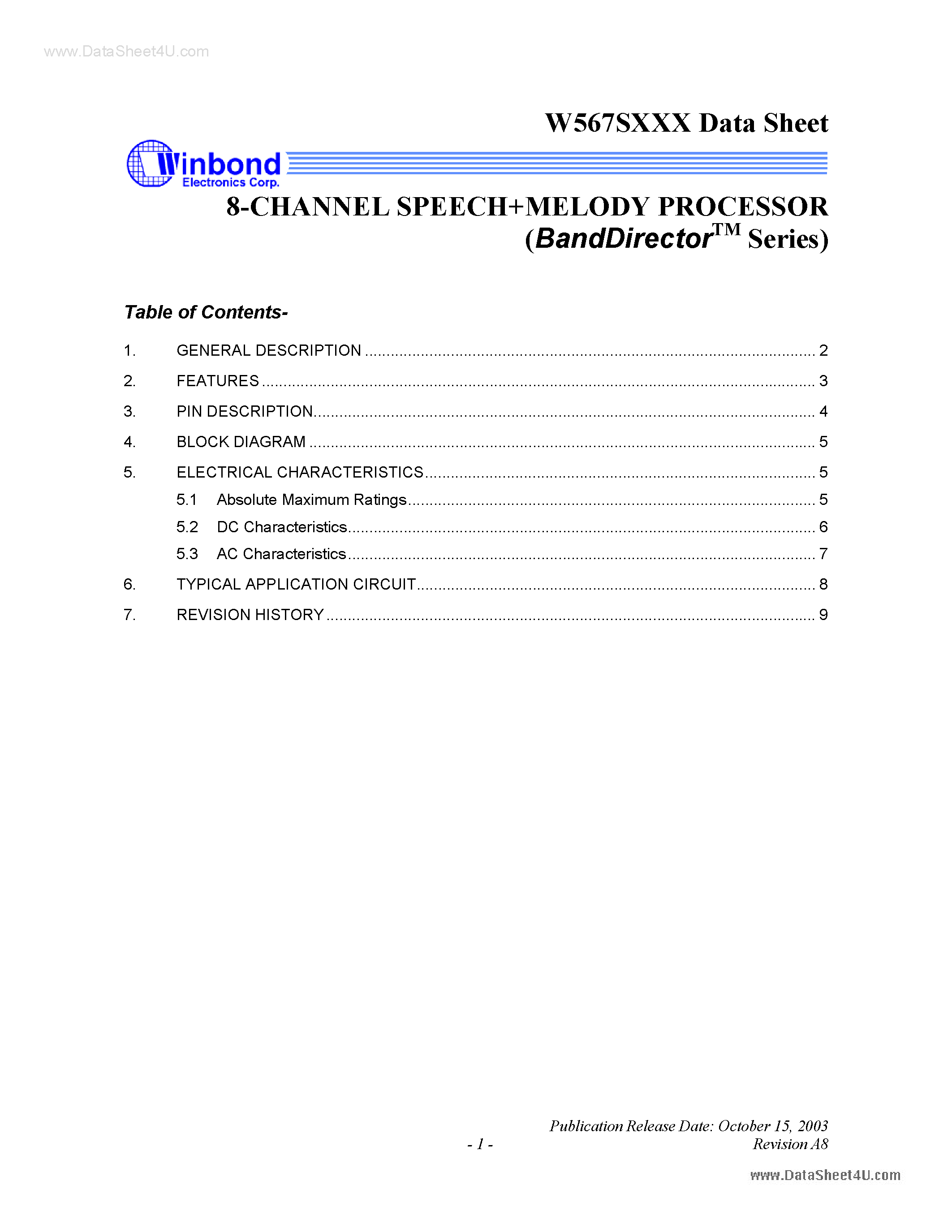 Даташит W567S040 - 8-Channel Speech + Melody Processor страница 1