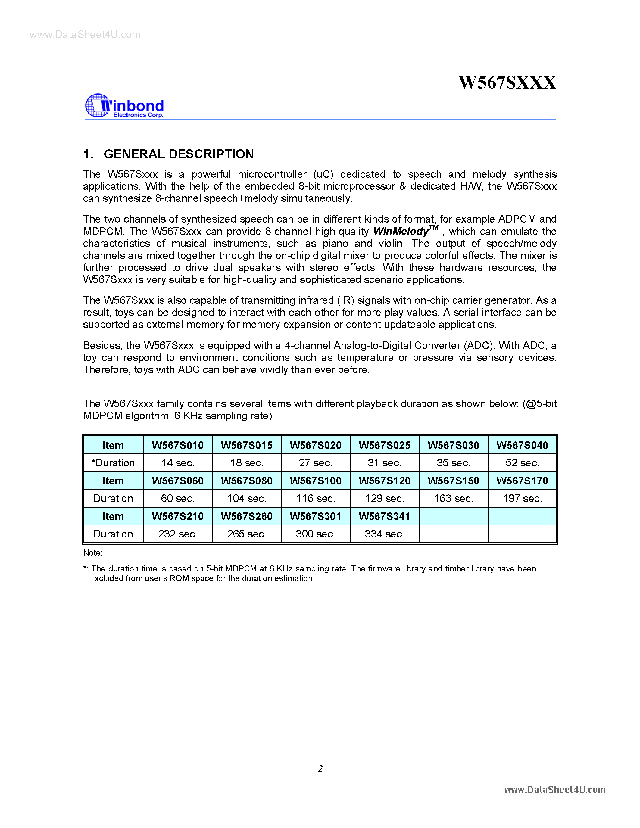 Даташит W567S040 - 8-Channel Speech + Melody Processor страница 2