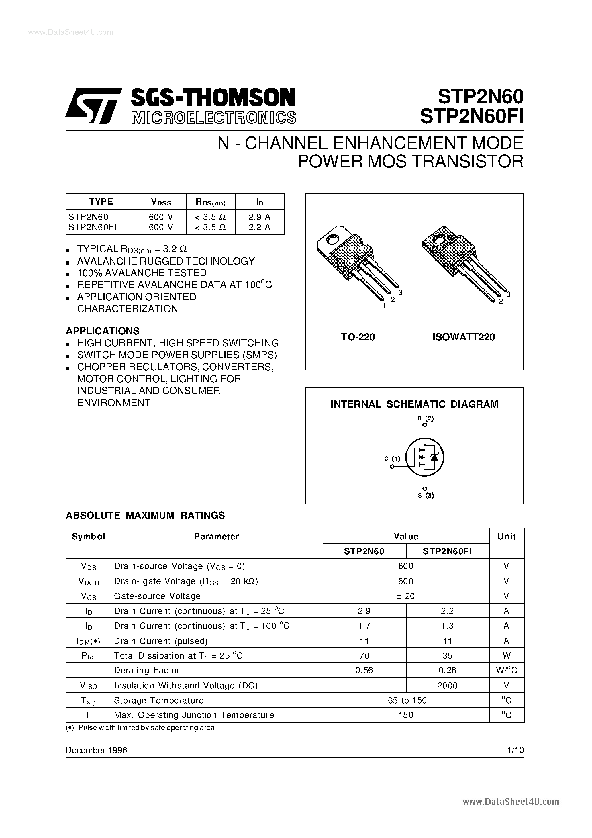 Даташит STP2N60 - N-CHANNEL ENHANCEMENT MODE POWER MOS TRANSISTOR страница 1