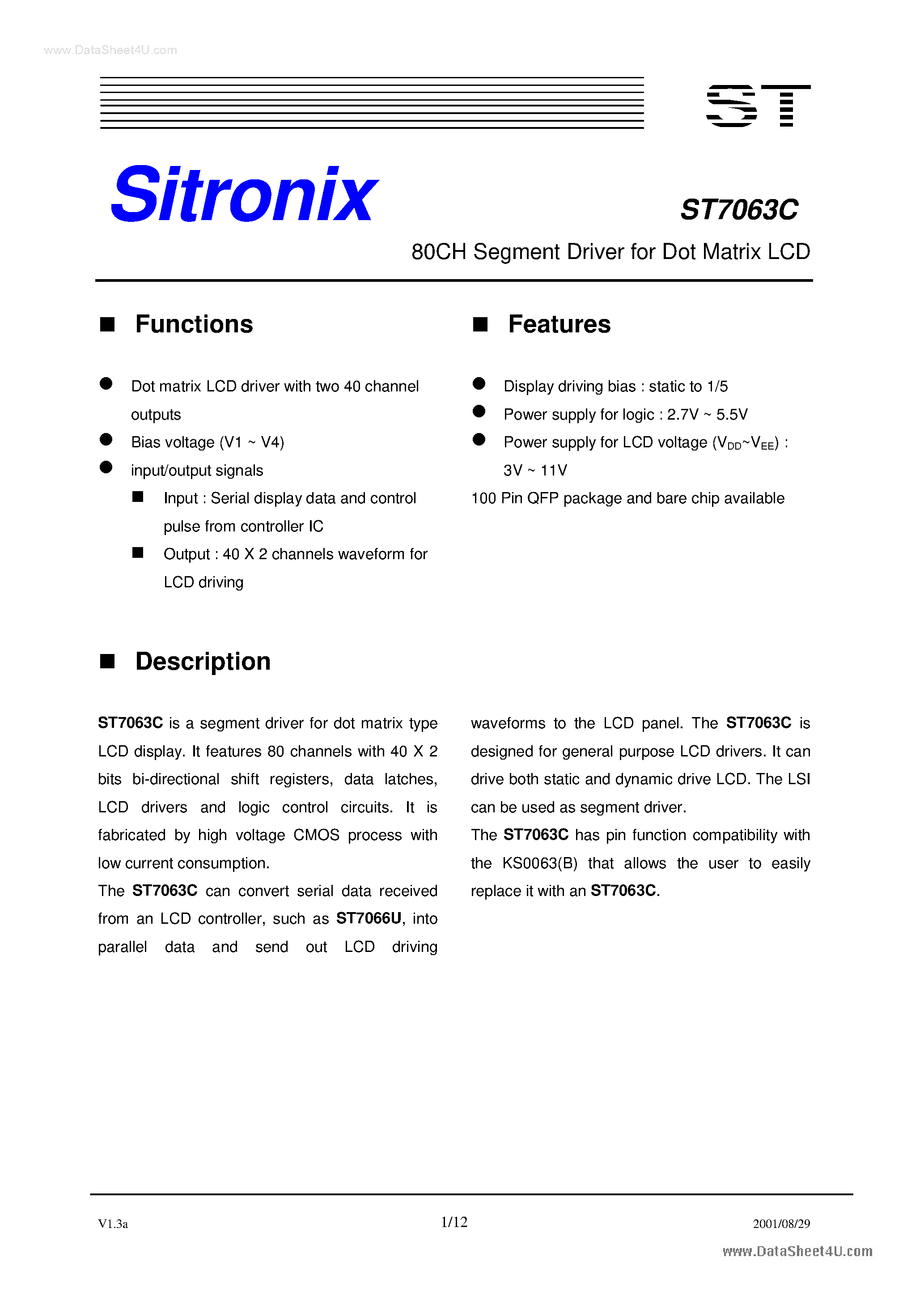 Даташит ST7063C - 80Ch Segment Driver страница 1