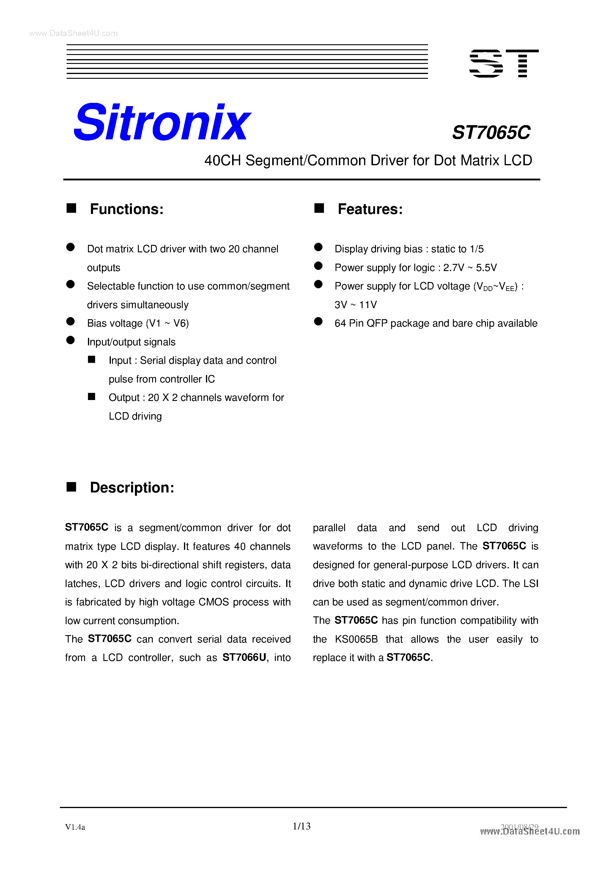 Даташит ST7065C - 40Ch Segment/Common Driver страница 1