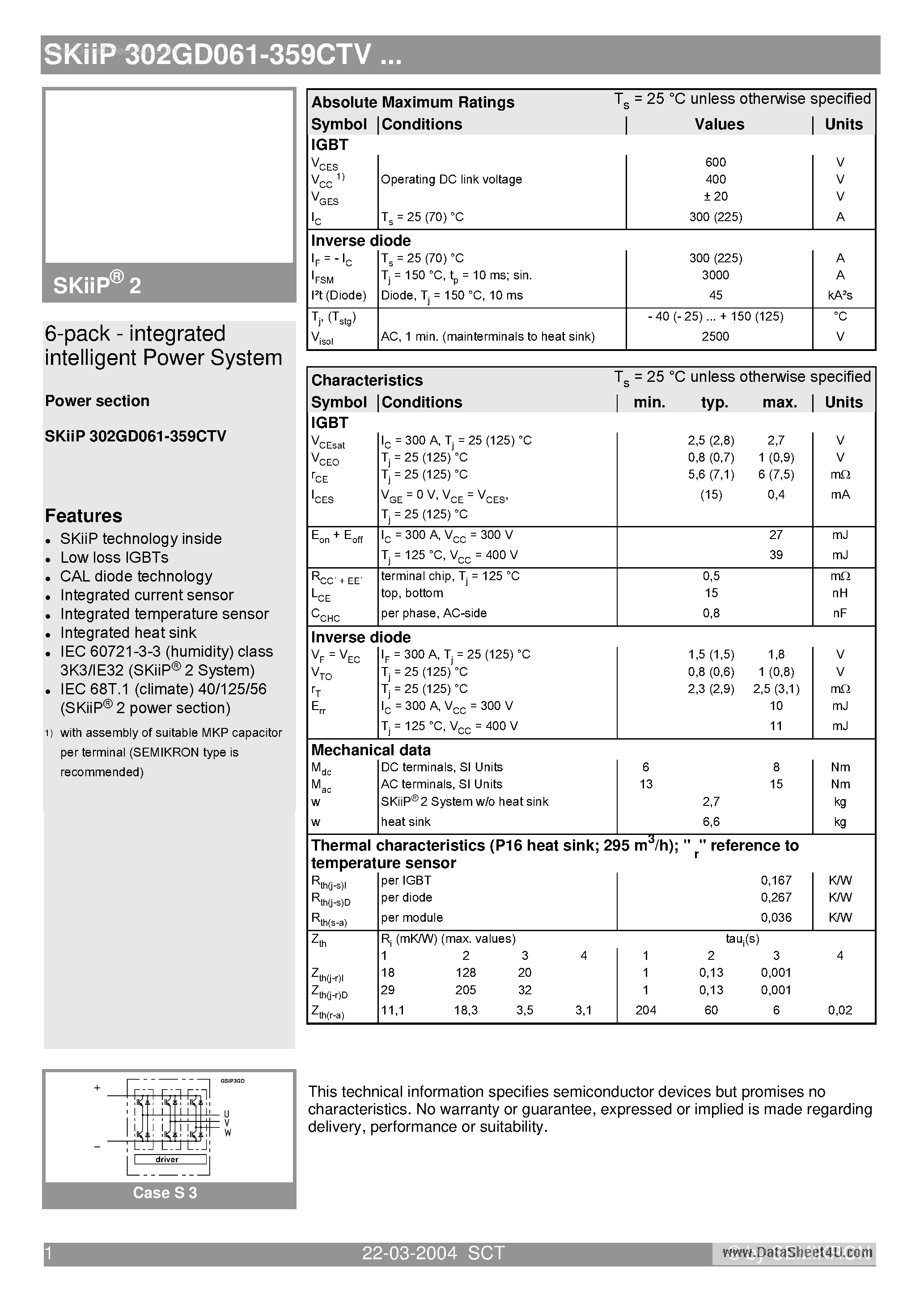 Даташит SKIIP302GD061-359CTV - 6-pack - integrated intelligent Power System страница 1
