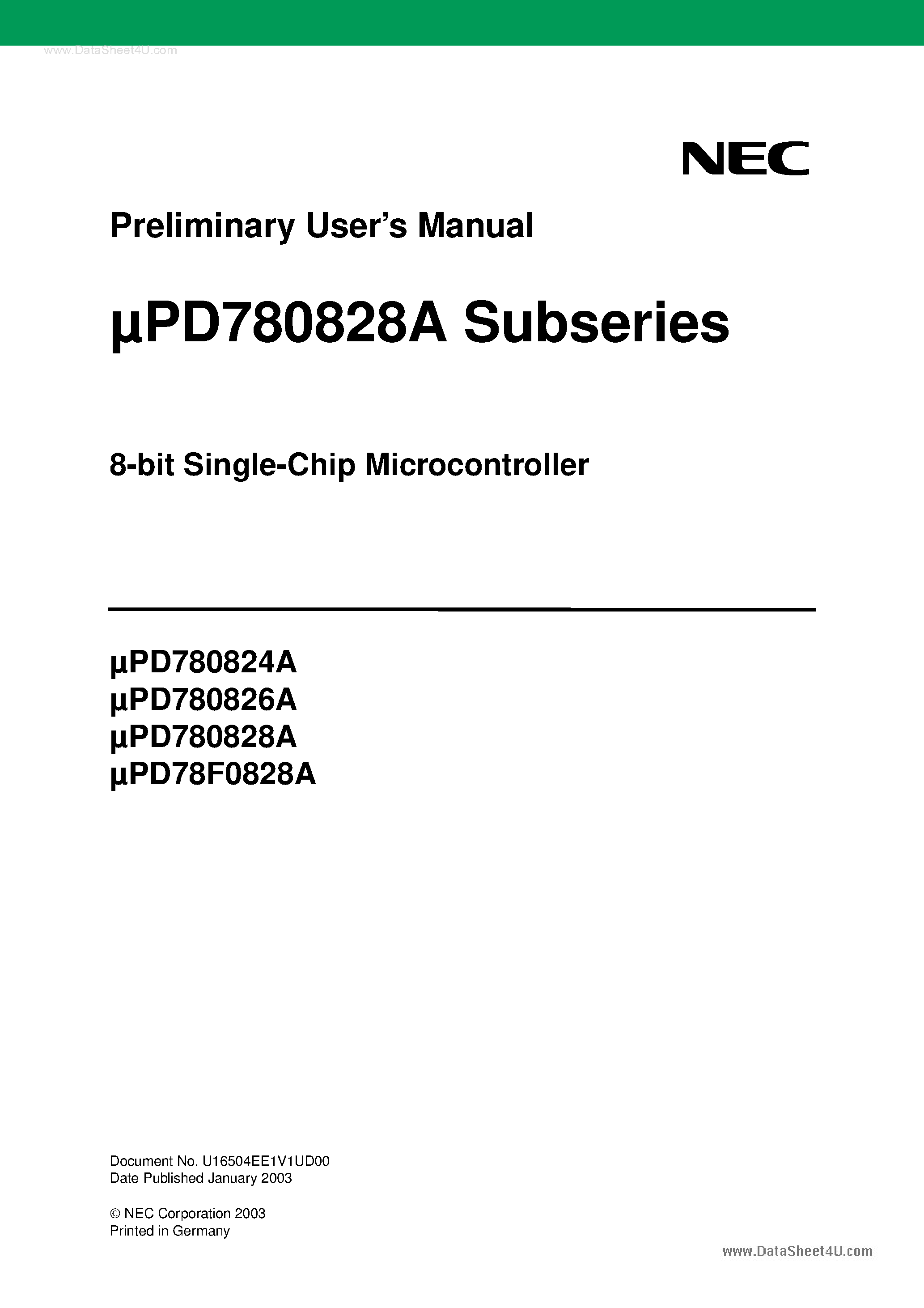 Даташит UPD780824A - (UPD78F082xA) 8-bit Single-Chip Microcontroller страница 1