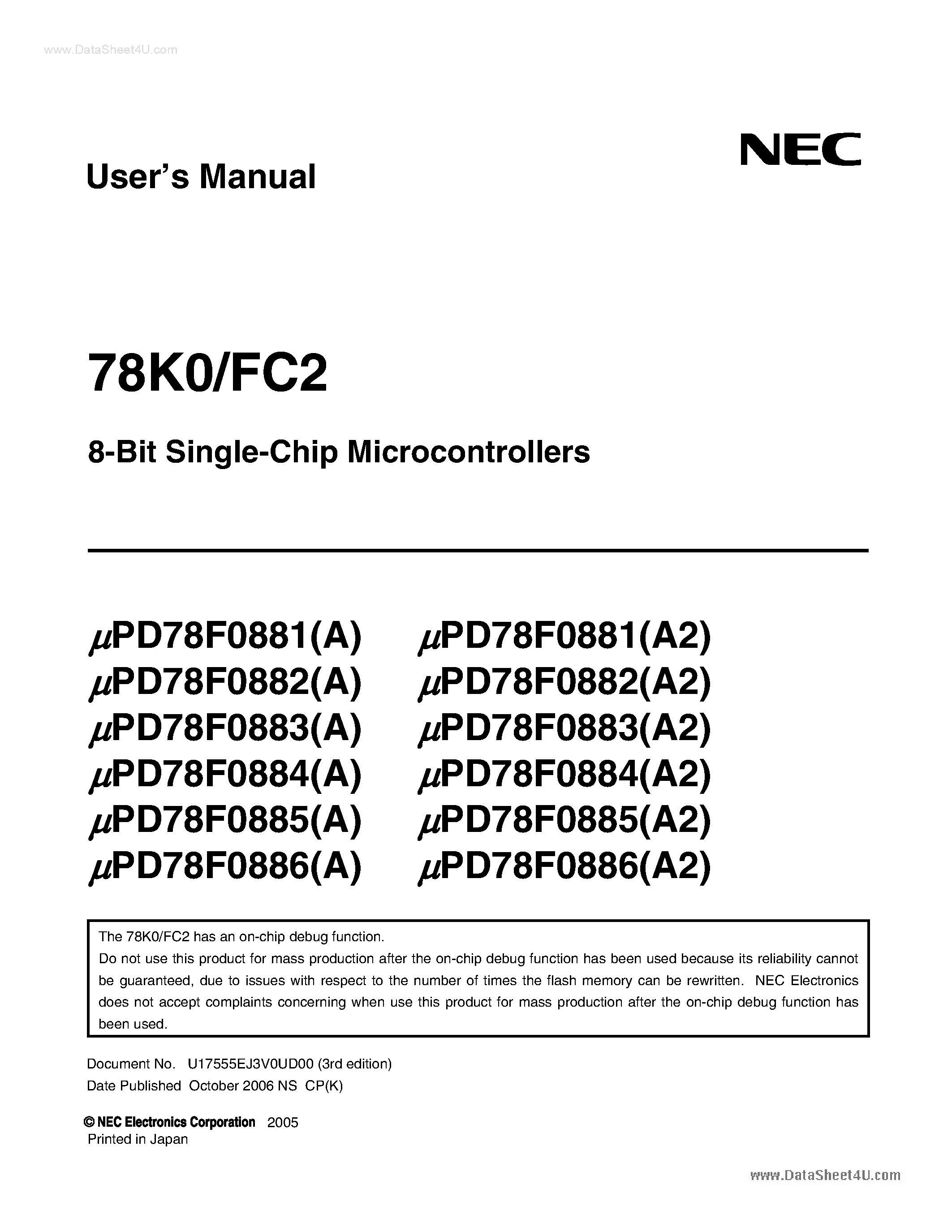 Даташит UPD78F0881 - (UPD78F088x) 8-Bit Single-Chip Microcontrollers страница 1