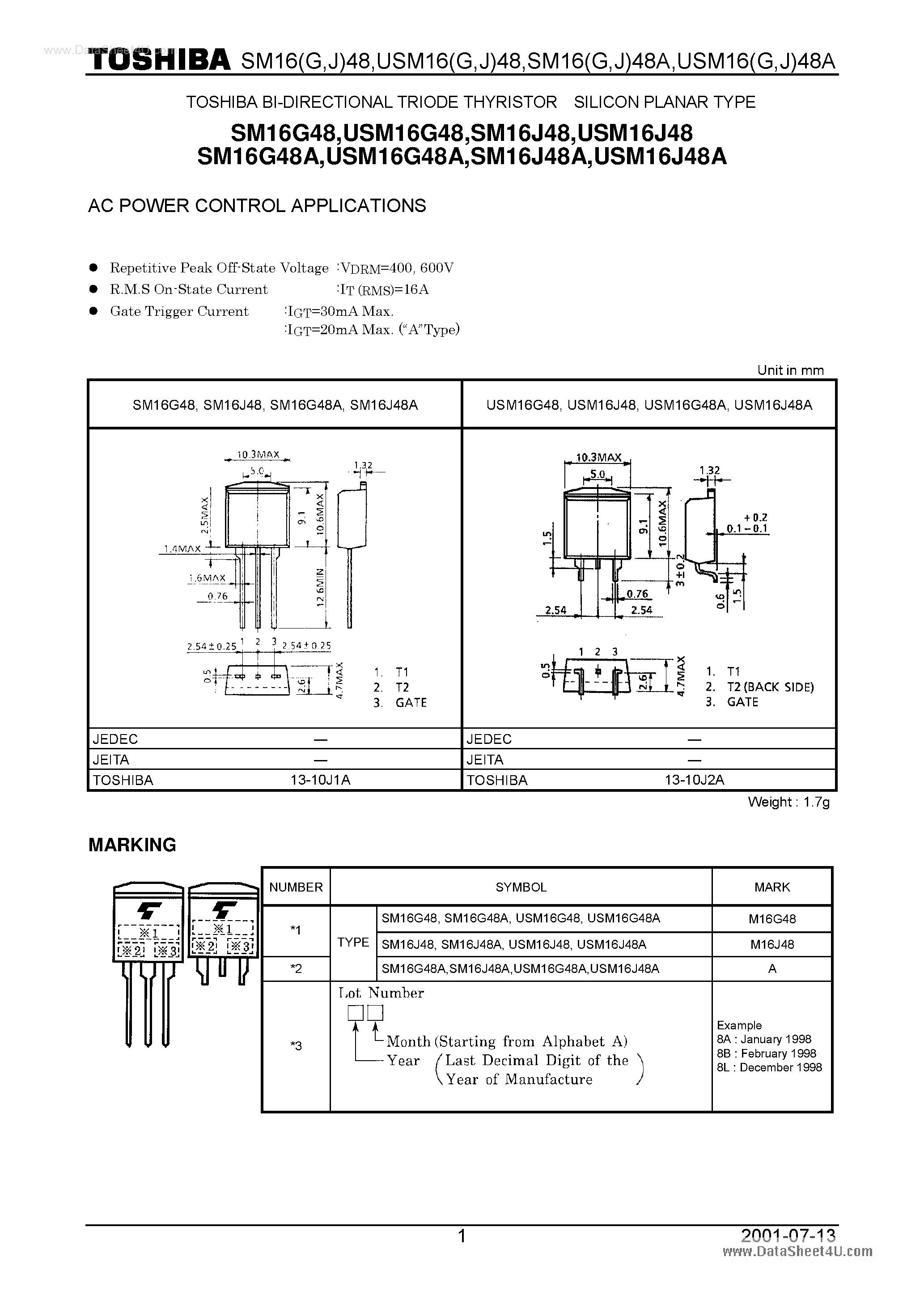 Datasheet SM16G48 - AC POWER CONTROL APPLICATIONS page 1