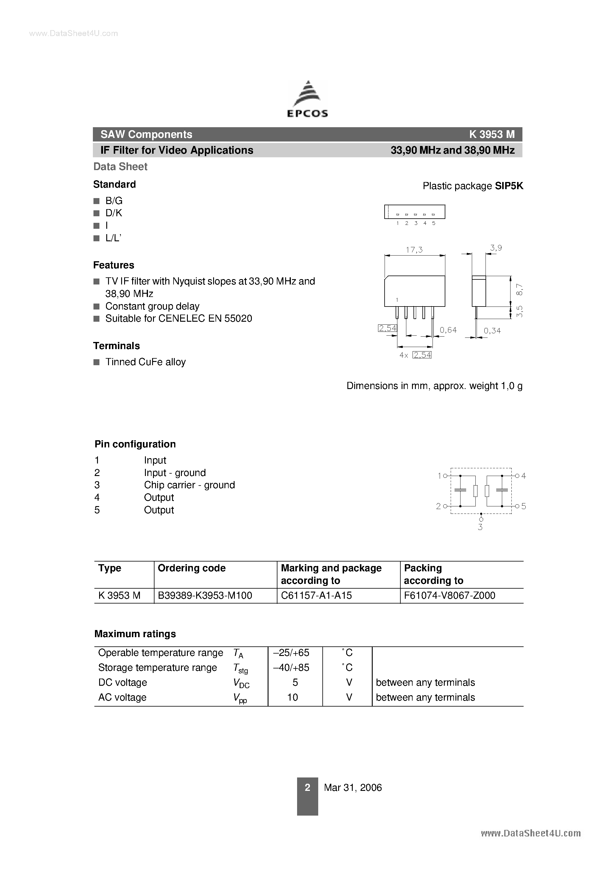 Даташит на микросхему K3953M страница 2 Даташит K3953M - IF Filter страница 2