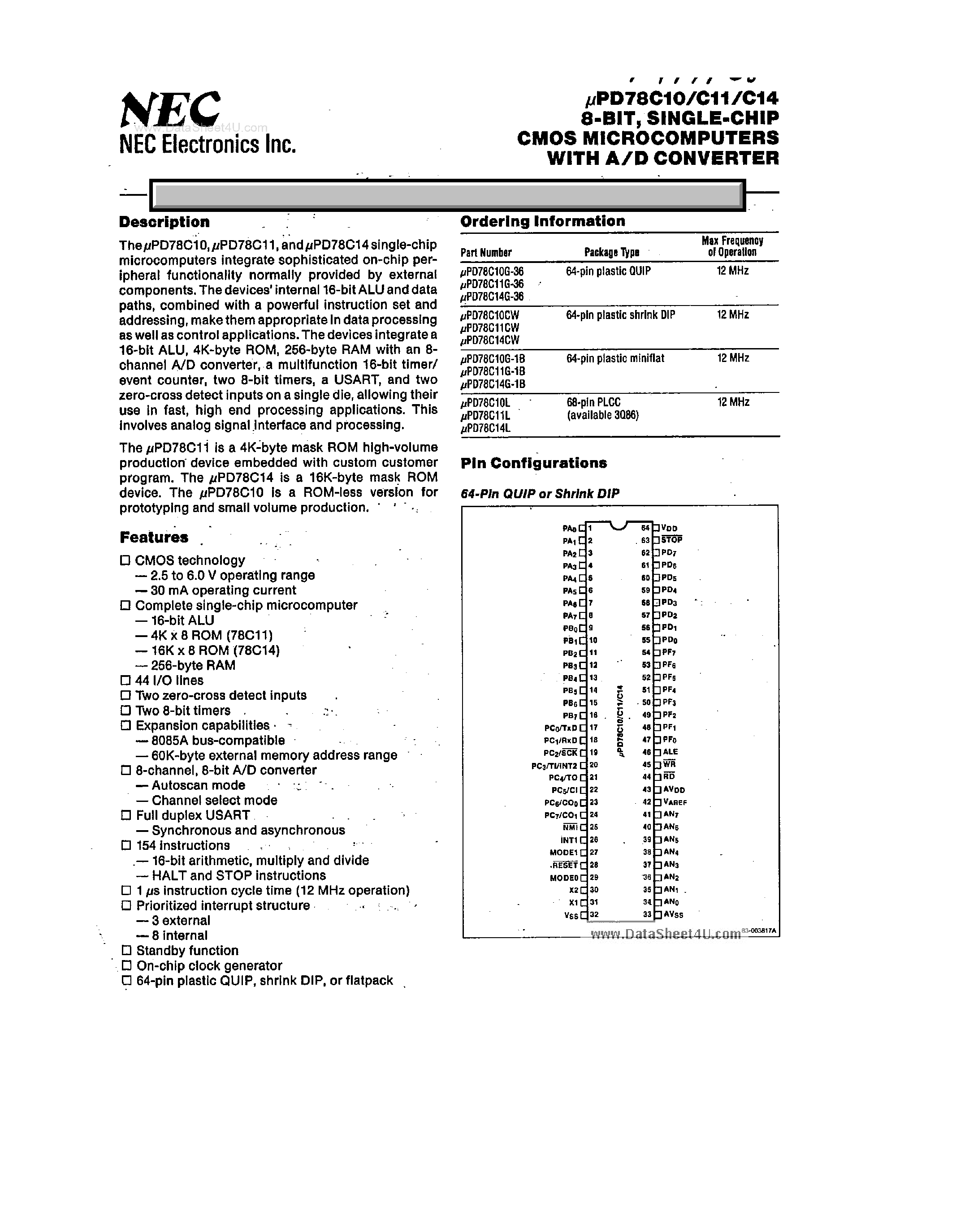 Даташит UPD78C10 - (UPD78C10 - UPD78C14) 8-BIT SINGLE-CHIP MICROCOMPUTER страница 1