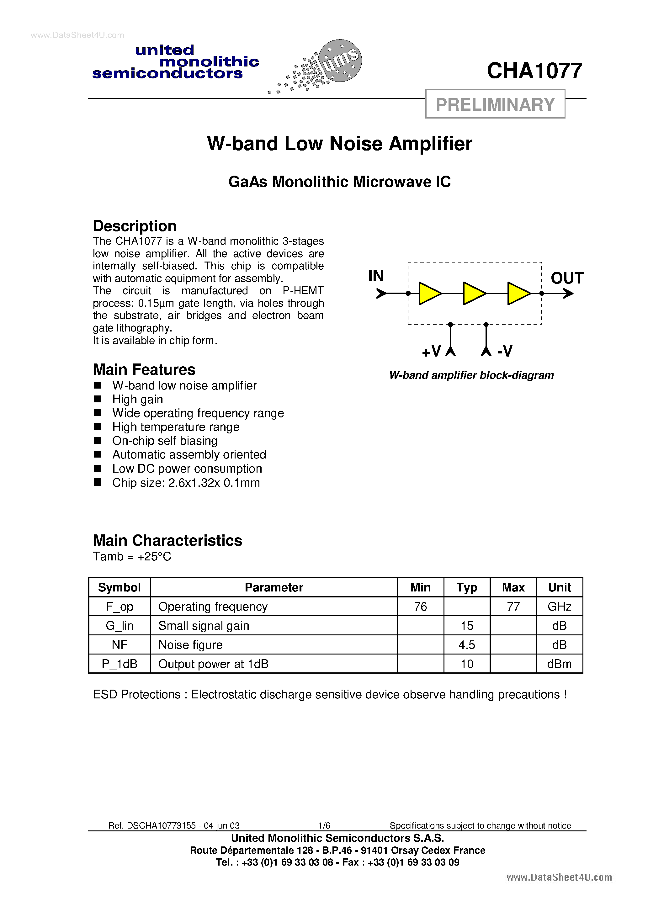 Даташит CHA1077 - W-Band Low Noise Amplifier страница 1