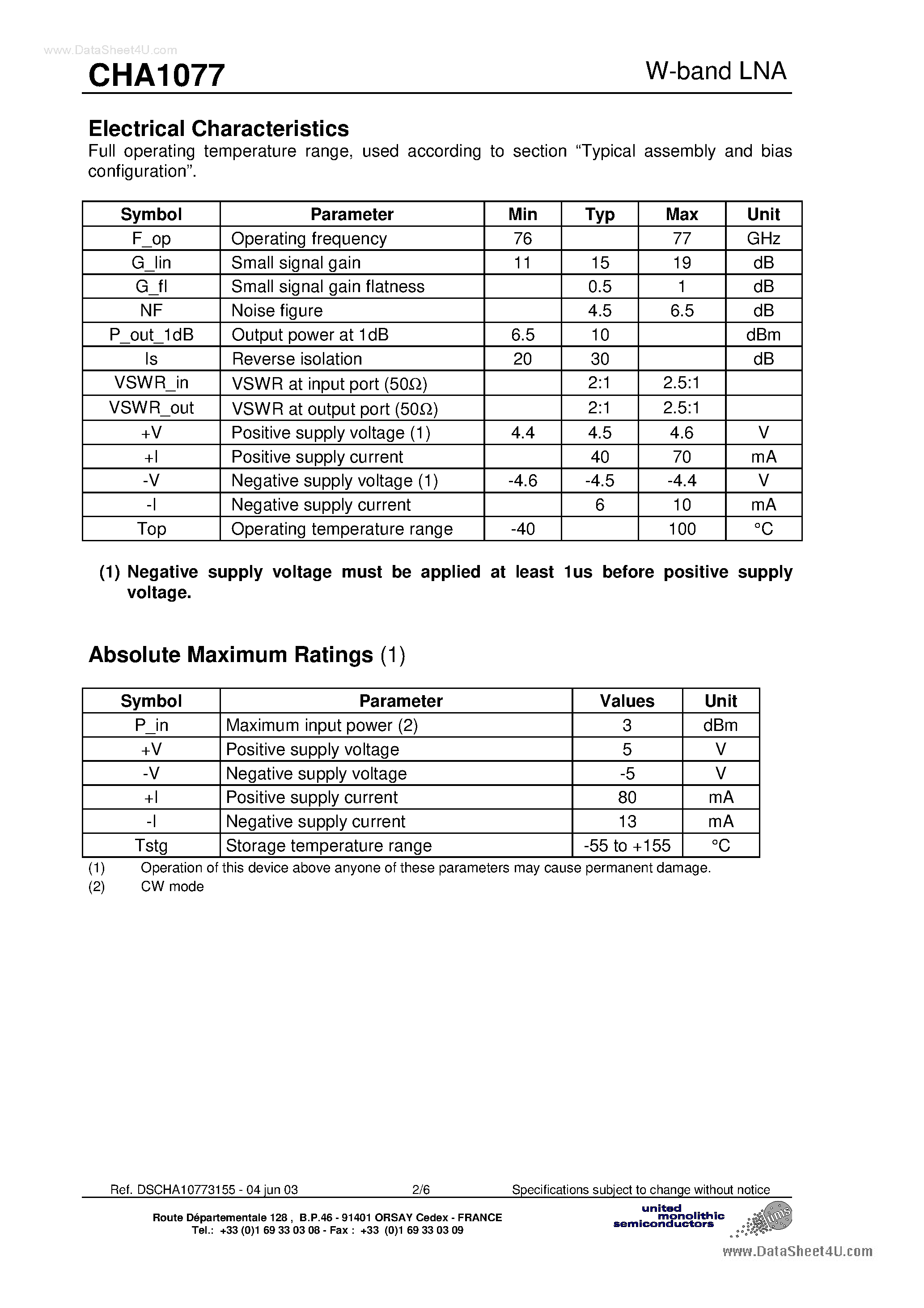 Даташит CHA1077 - W-Band Low Noise Amplifier страница 2
