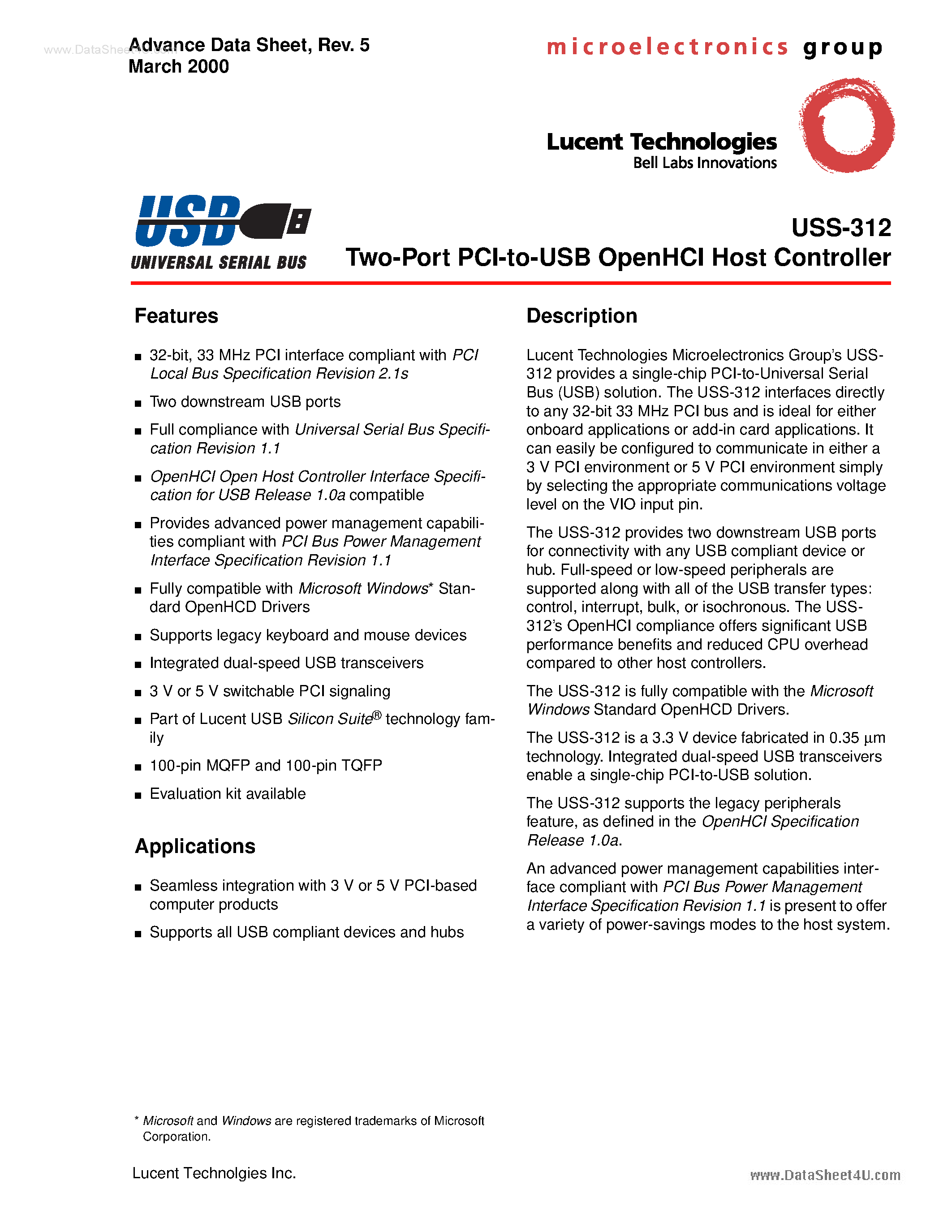 Даташит USS-312 - 2-Port PCI-to-USB OpenHCI Host Controller страница 1