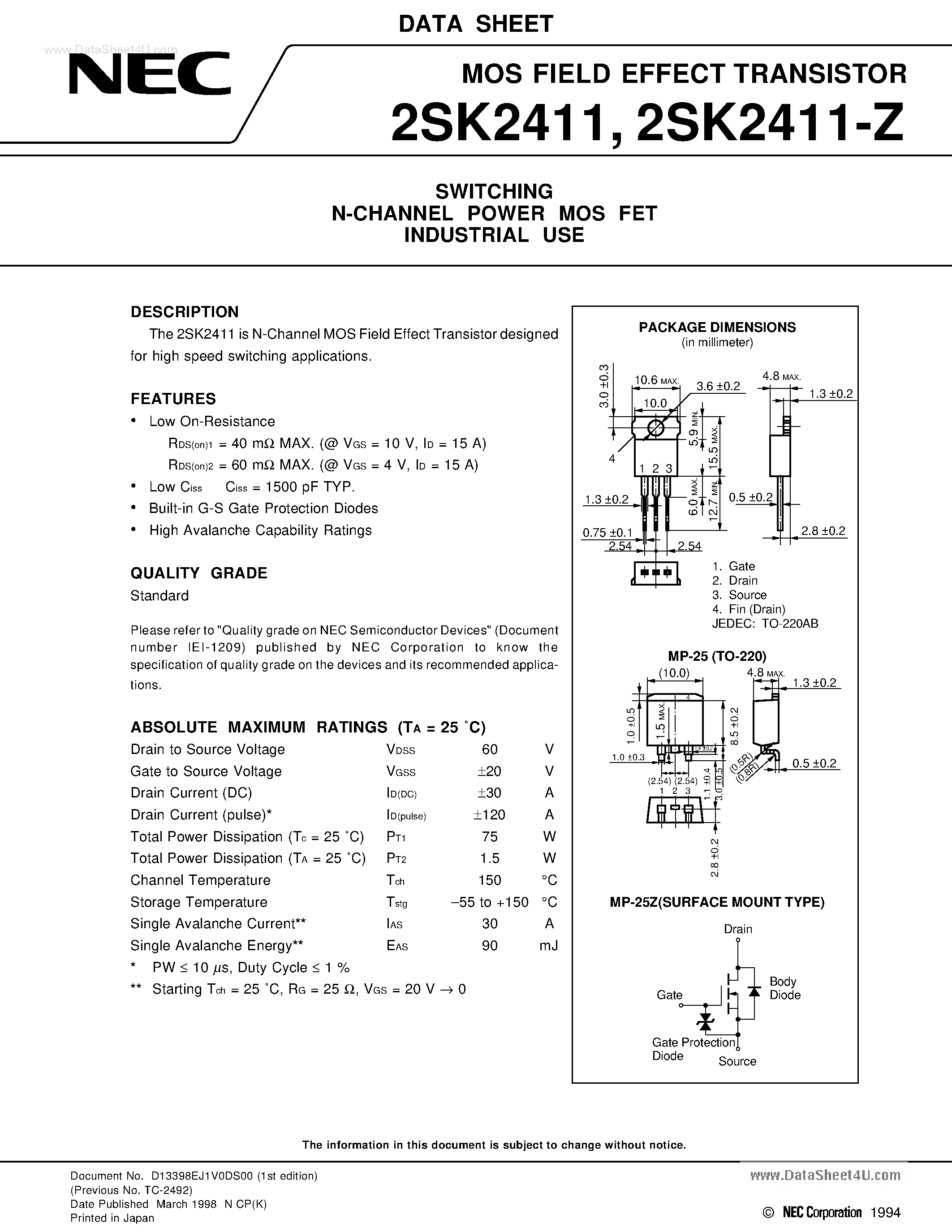 Datasheet K2411 - Search -----> 2SK2411 page 1