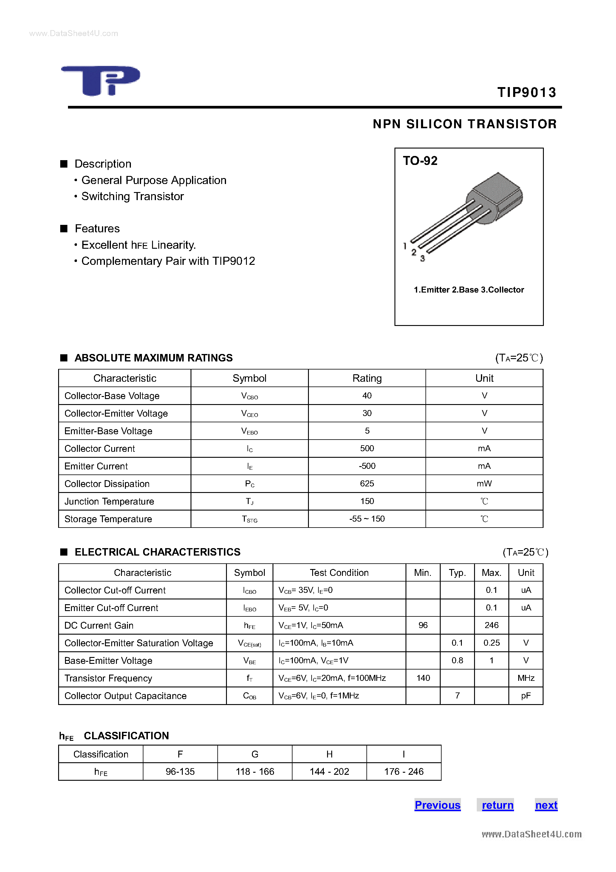 Даташит TIP9013 - NPN SILICON TRANSISTOR страница 1