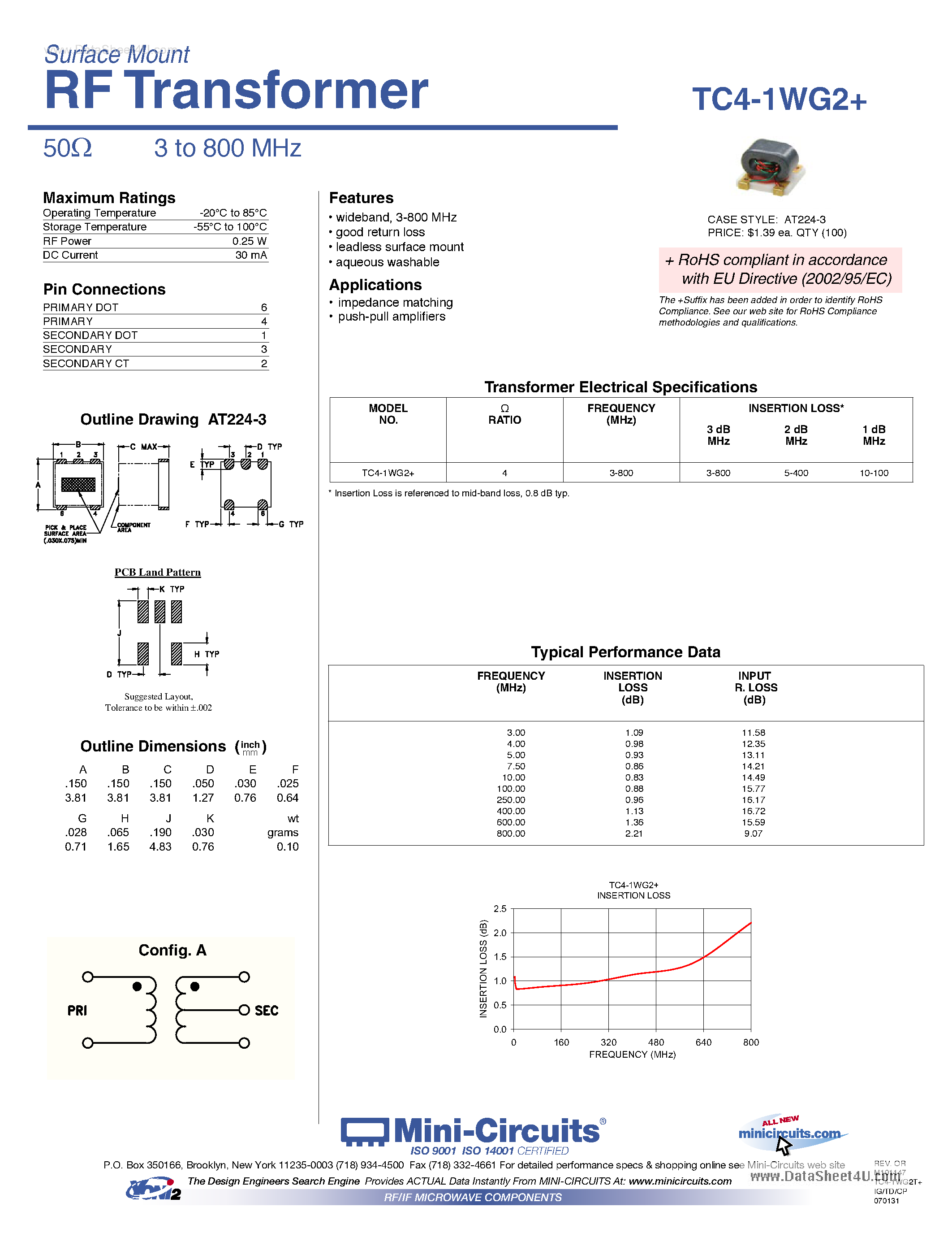 Даташит TC4-1WG2 - RF Transformer страница 1