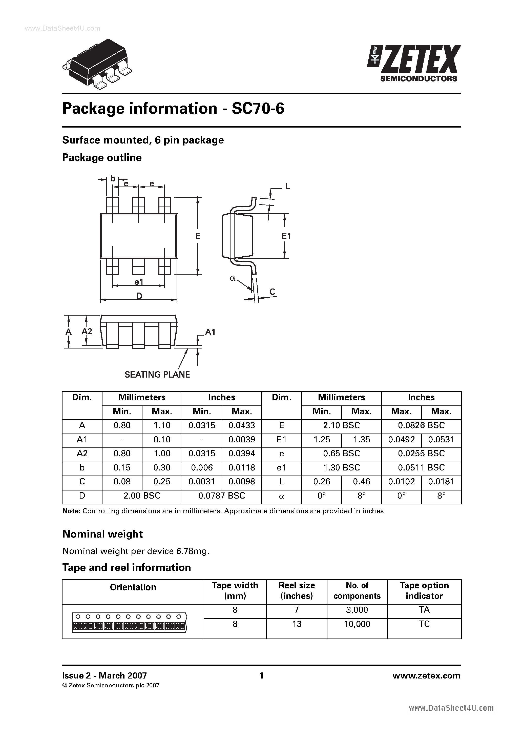 Даташит SC70-6 - Surface mounted / 5 pin package Package outline страница 1