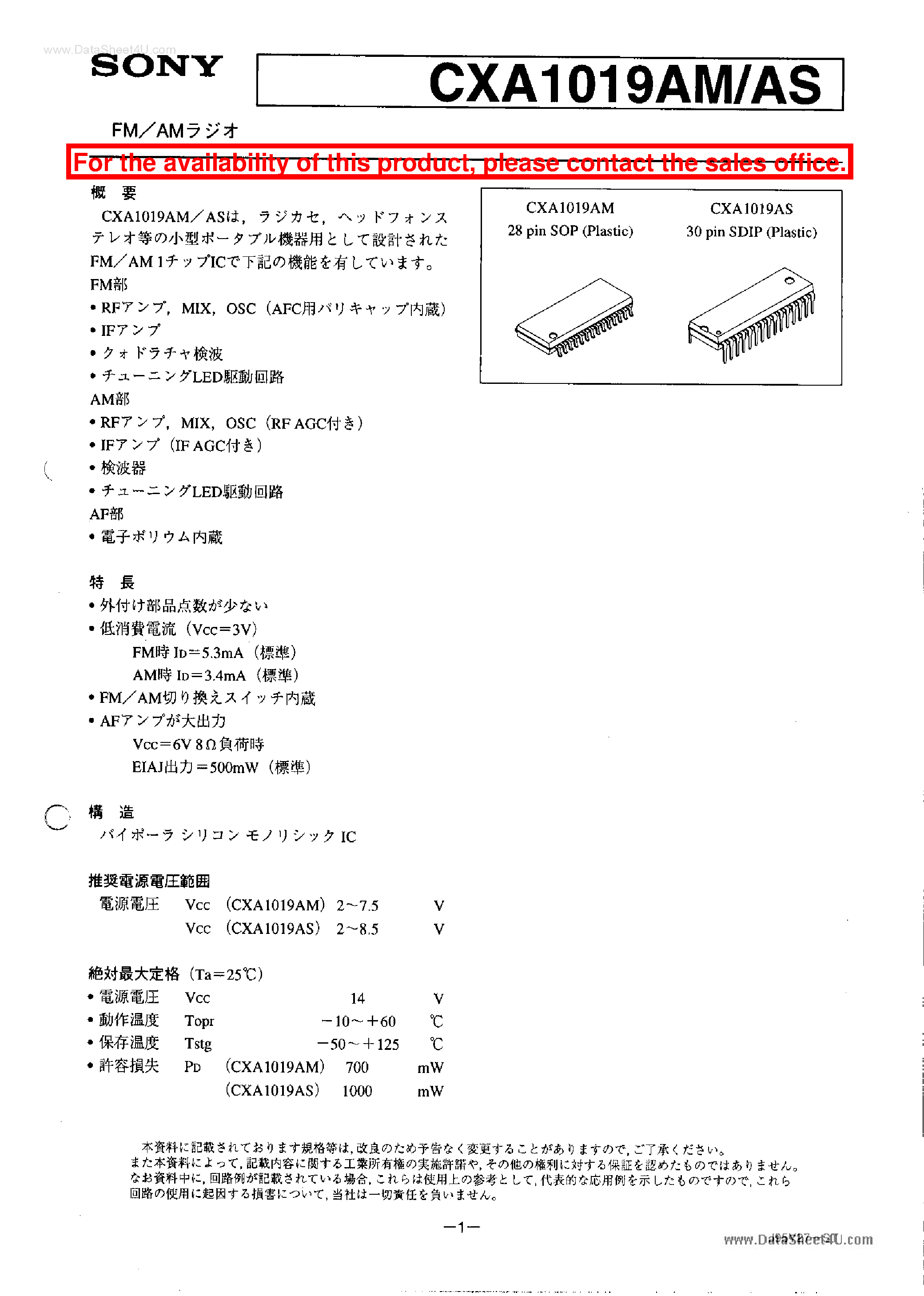 Datasheet CXA1019AM - FM / AM page 1