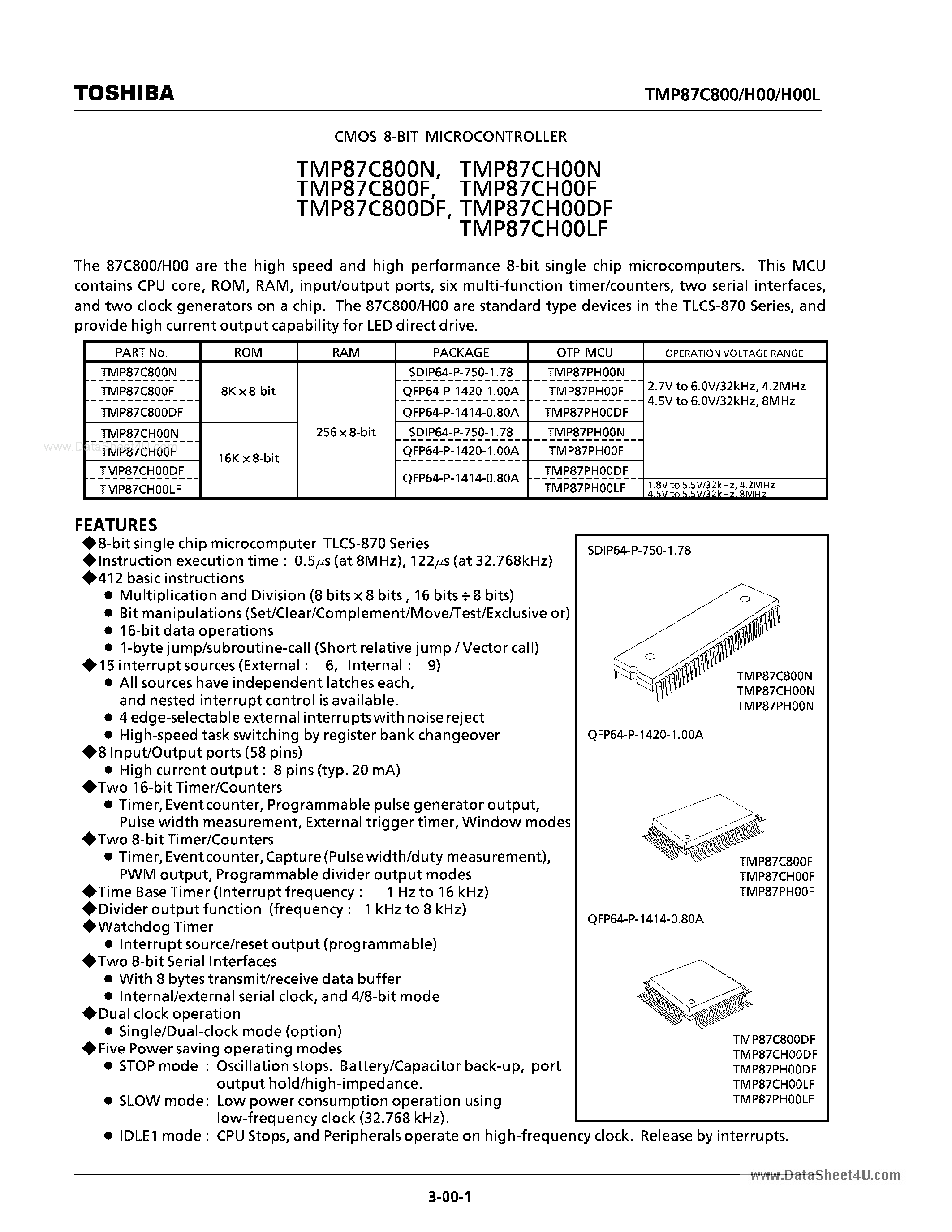 Datasheet TMP87CH00DF - (TMP87CHxxx) CMOS 8-Bit Microcontroller page 1