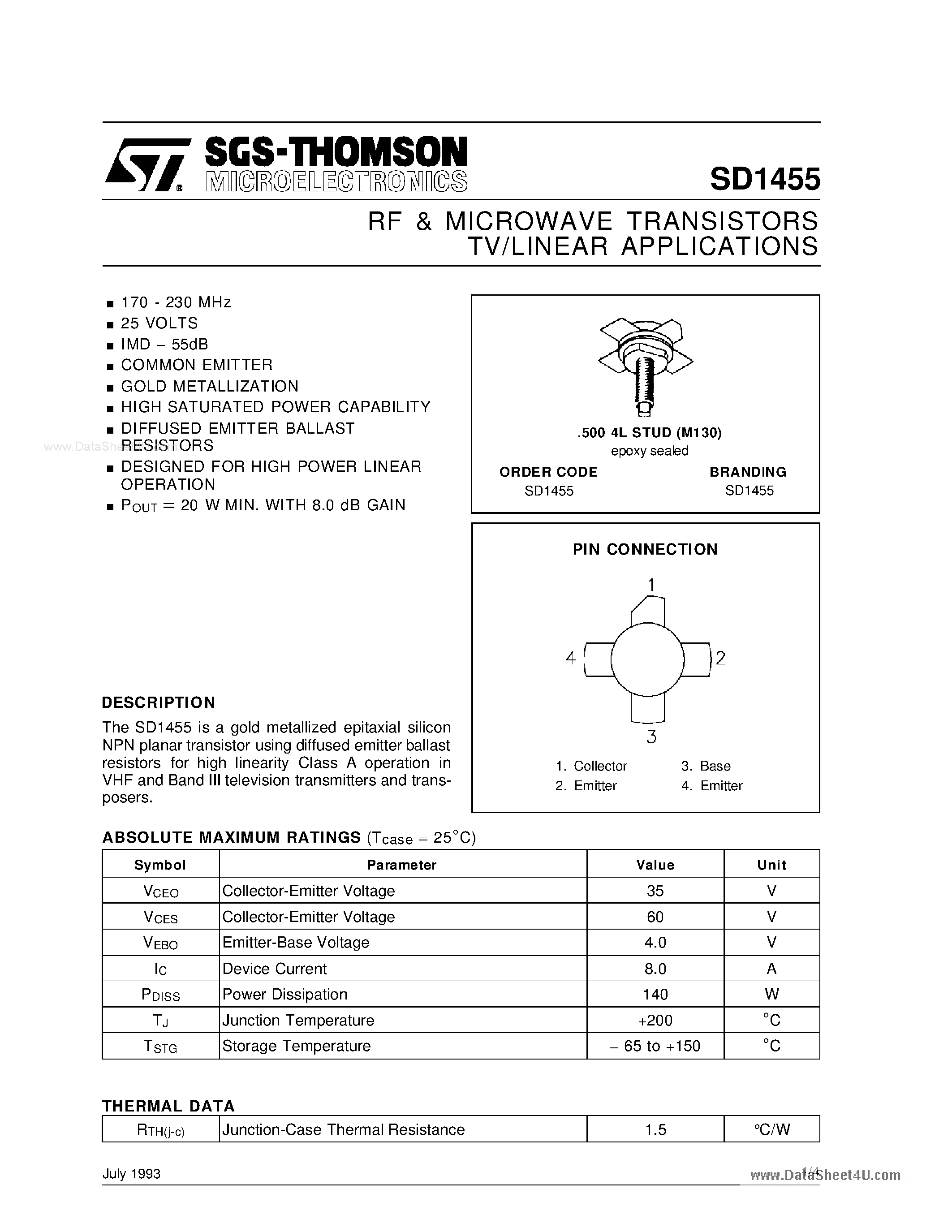 Datasheet SD1455 - RF & MICROWAVE TRANSISTORS page 1