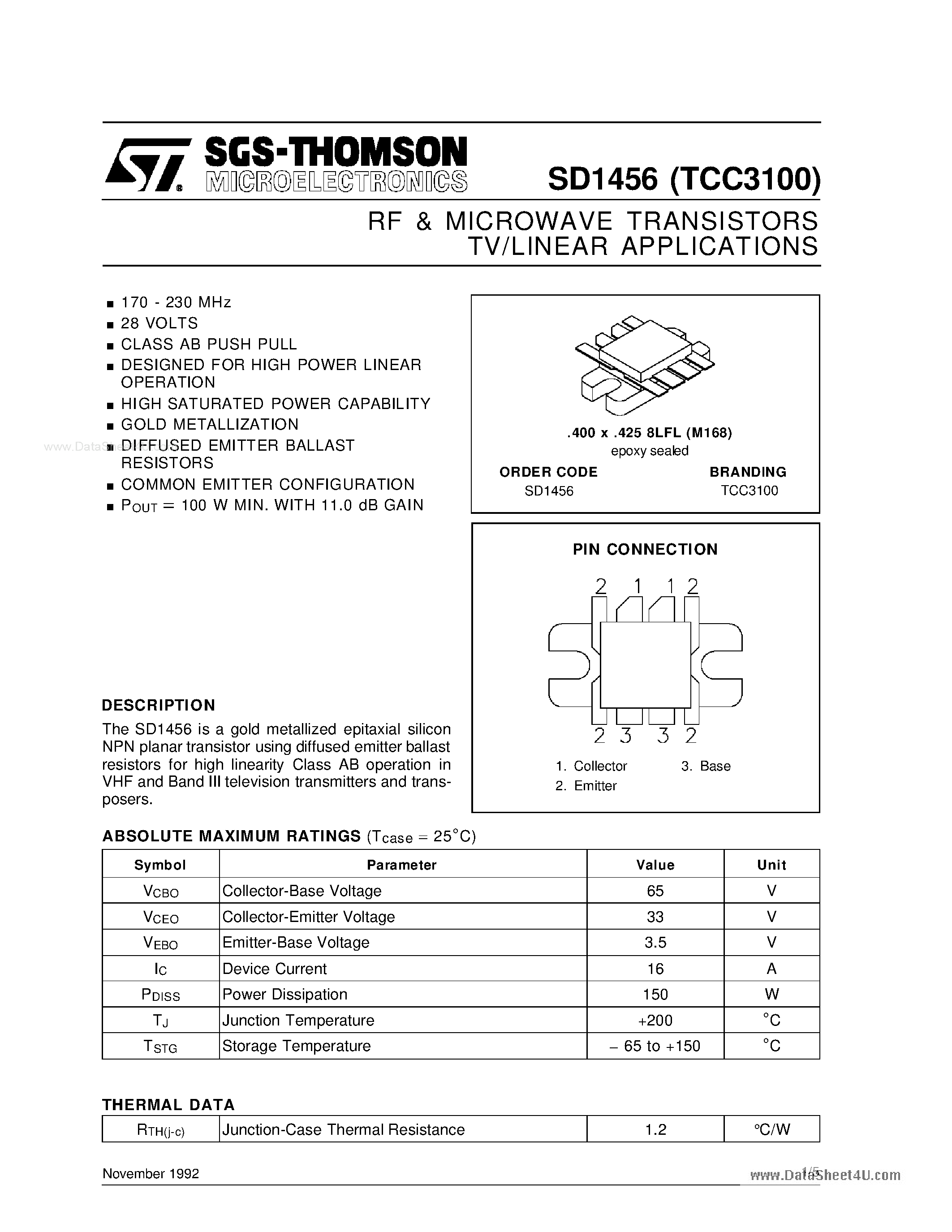 Datasheet SD1456 - RF & MICROWAVE TRANSISTORS page 1