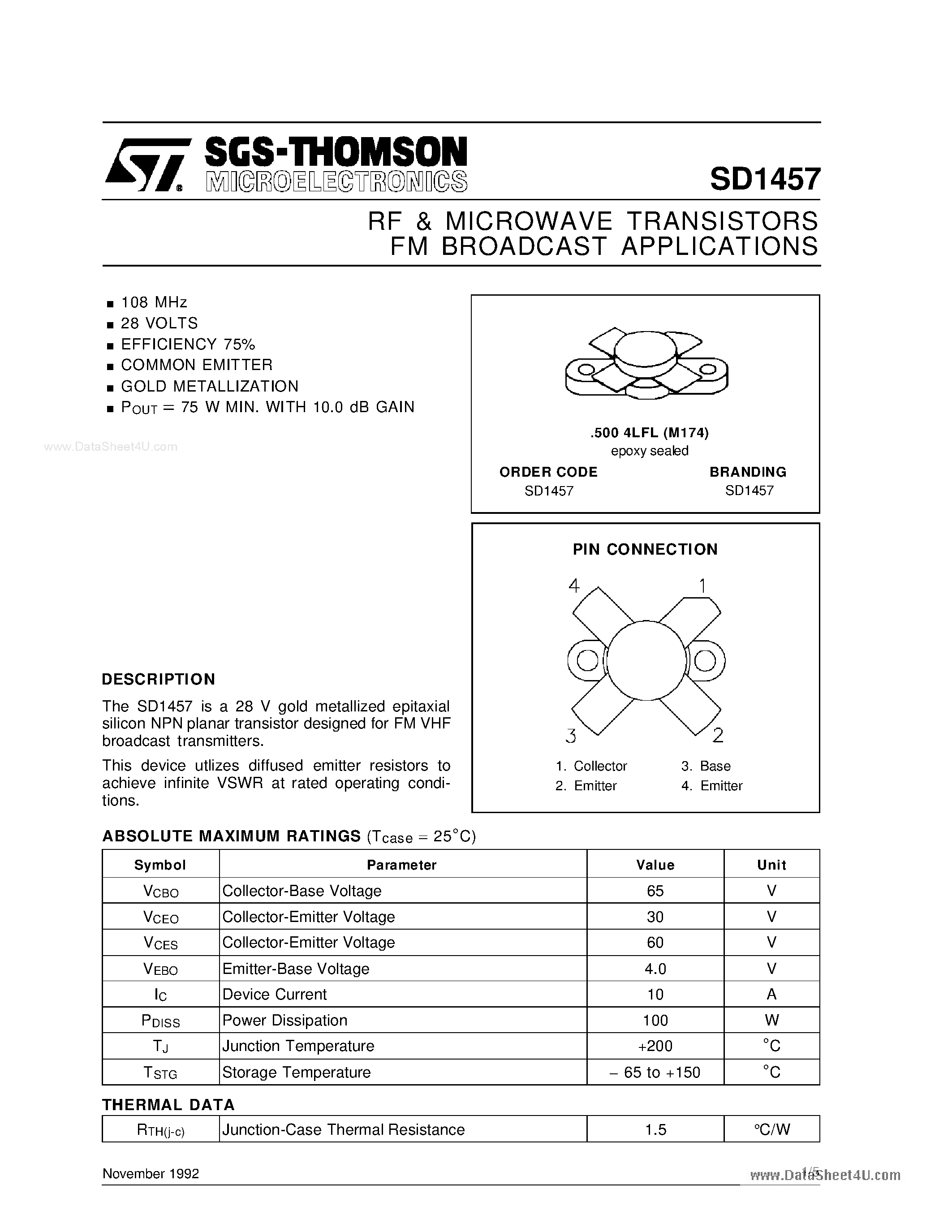 Даташит SD1457 - RF & MICROWAVE TRANSISTORS страница 1