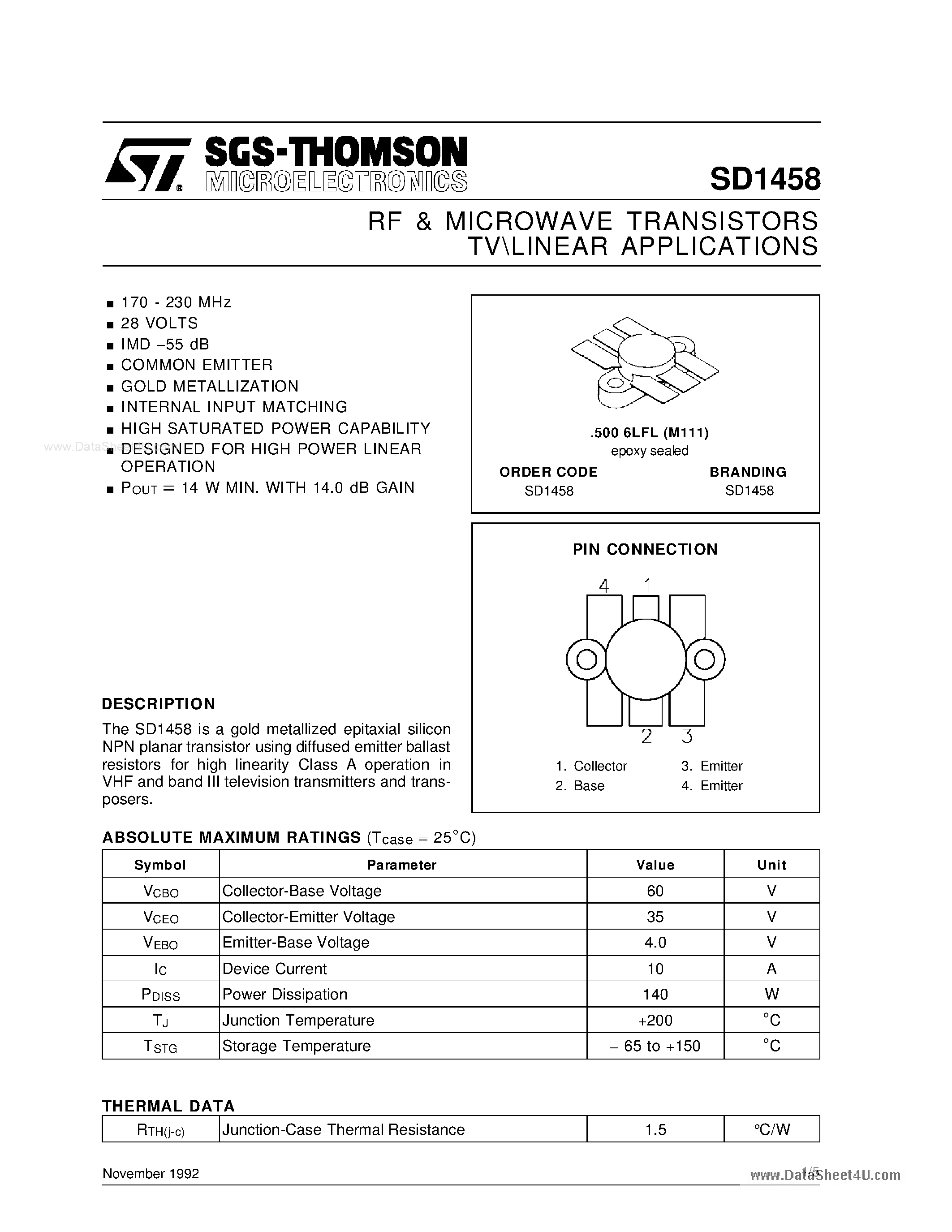 Даташит SD1458 - RF & MICROWAVE TRANSISTORS страница 1