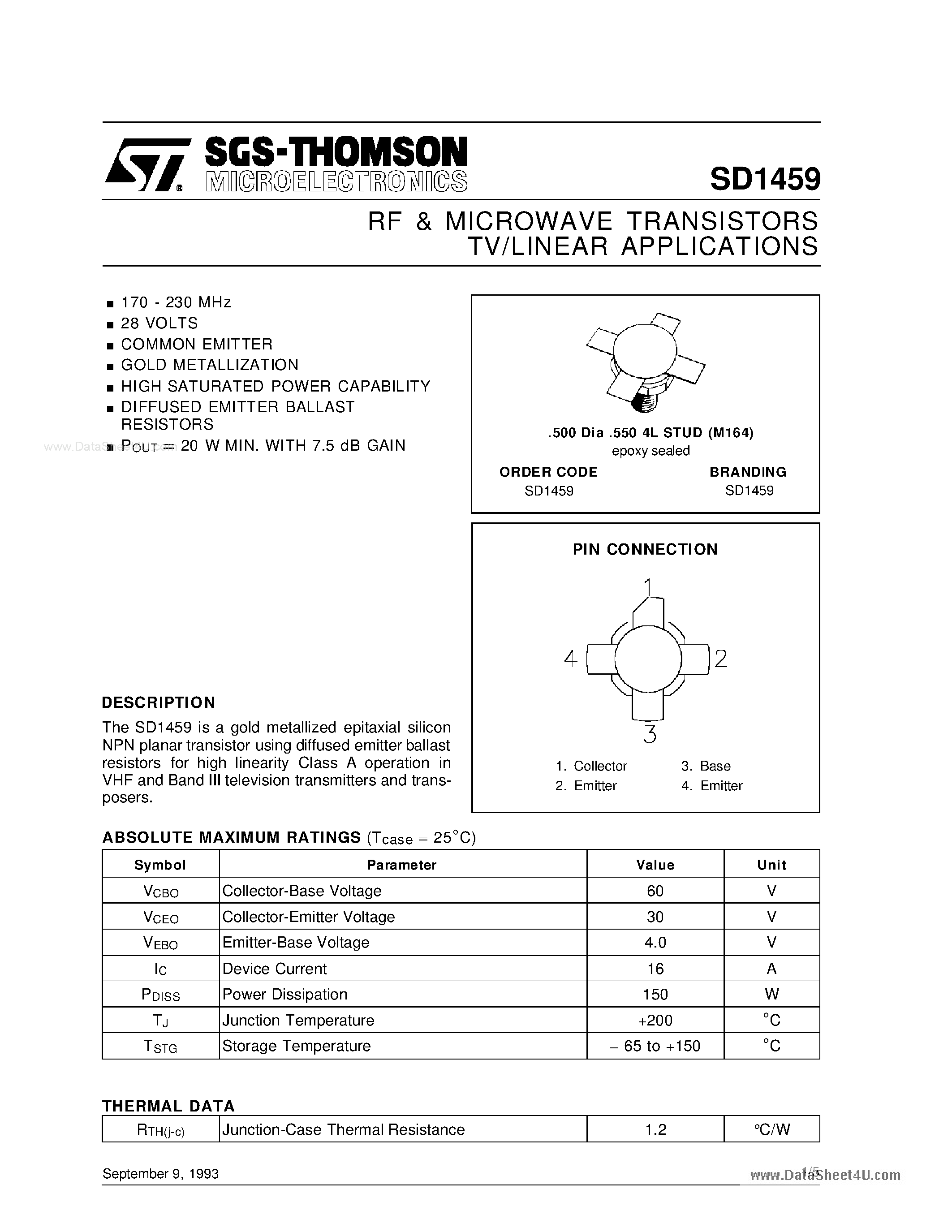 Datasheet SD1459 - RF & MICROWAVE TRANSISTORS page 1