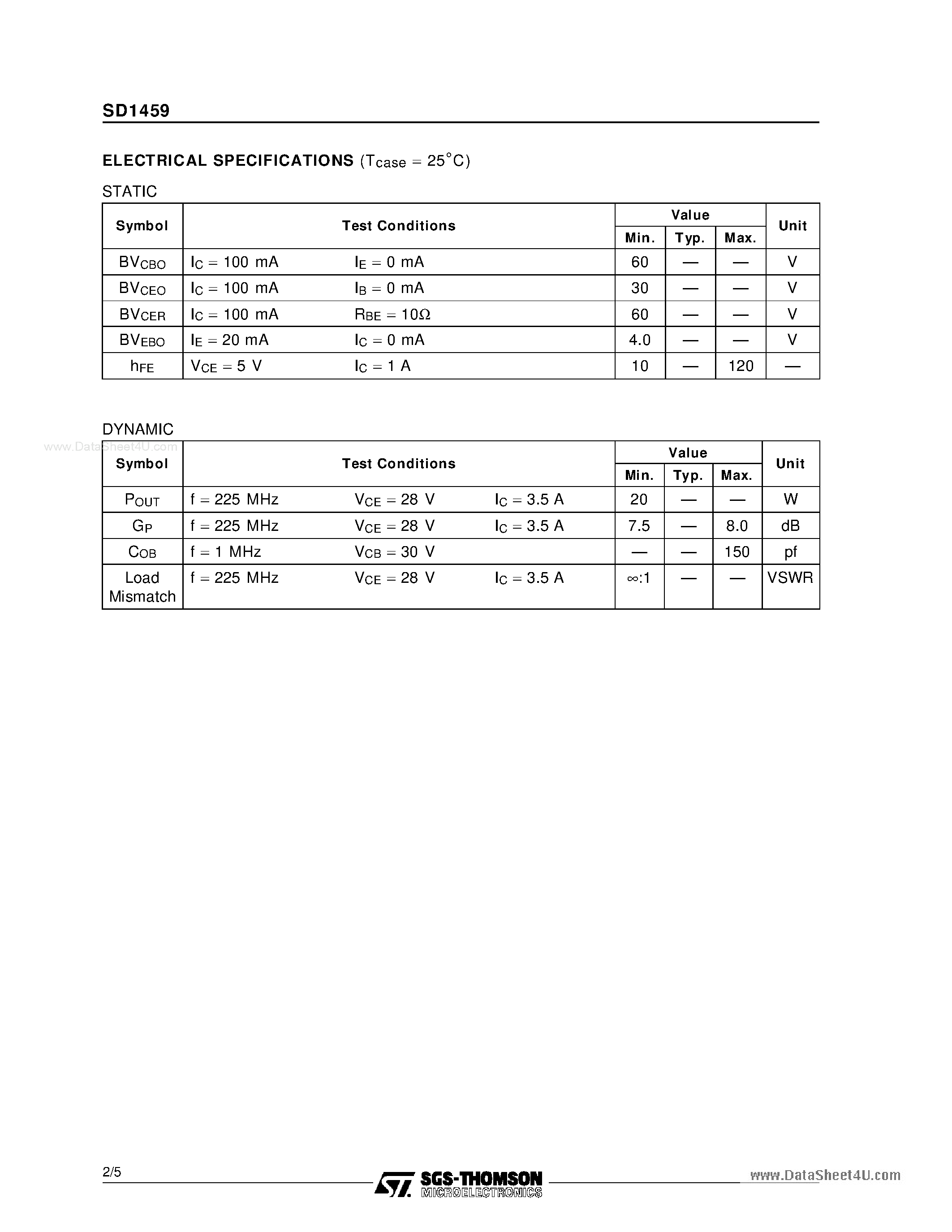 Datasheet SD1459 - RF & MICROWAVE TRANSISTORS page 2