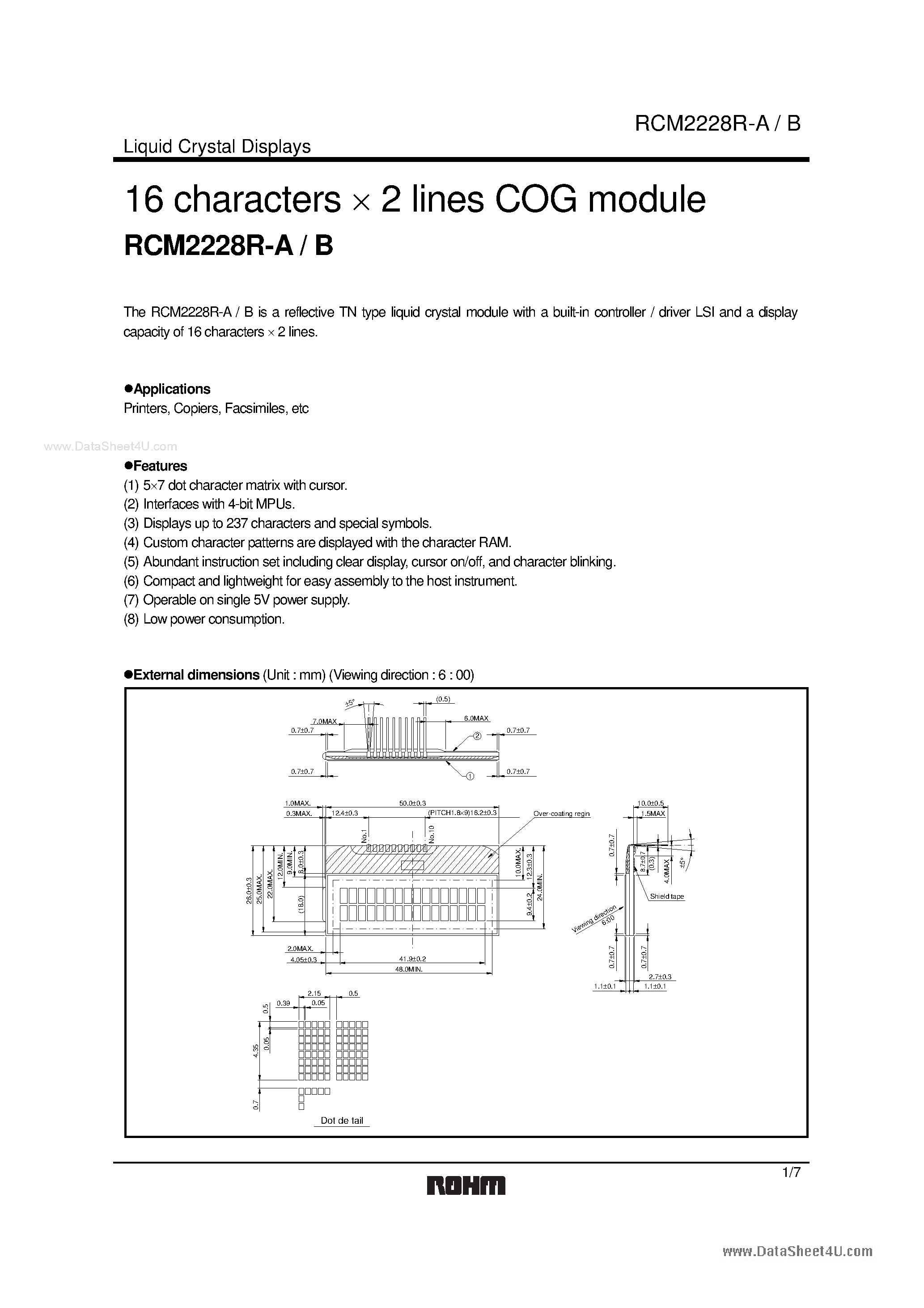 Даташит RCM2228R-A - 16 characters x 2 lines COG module страница 1