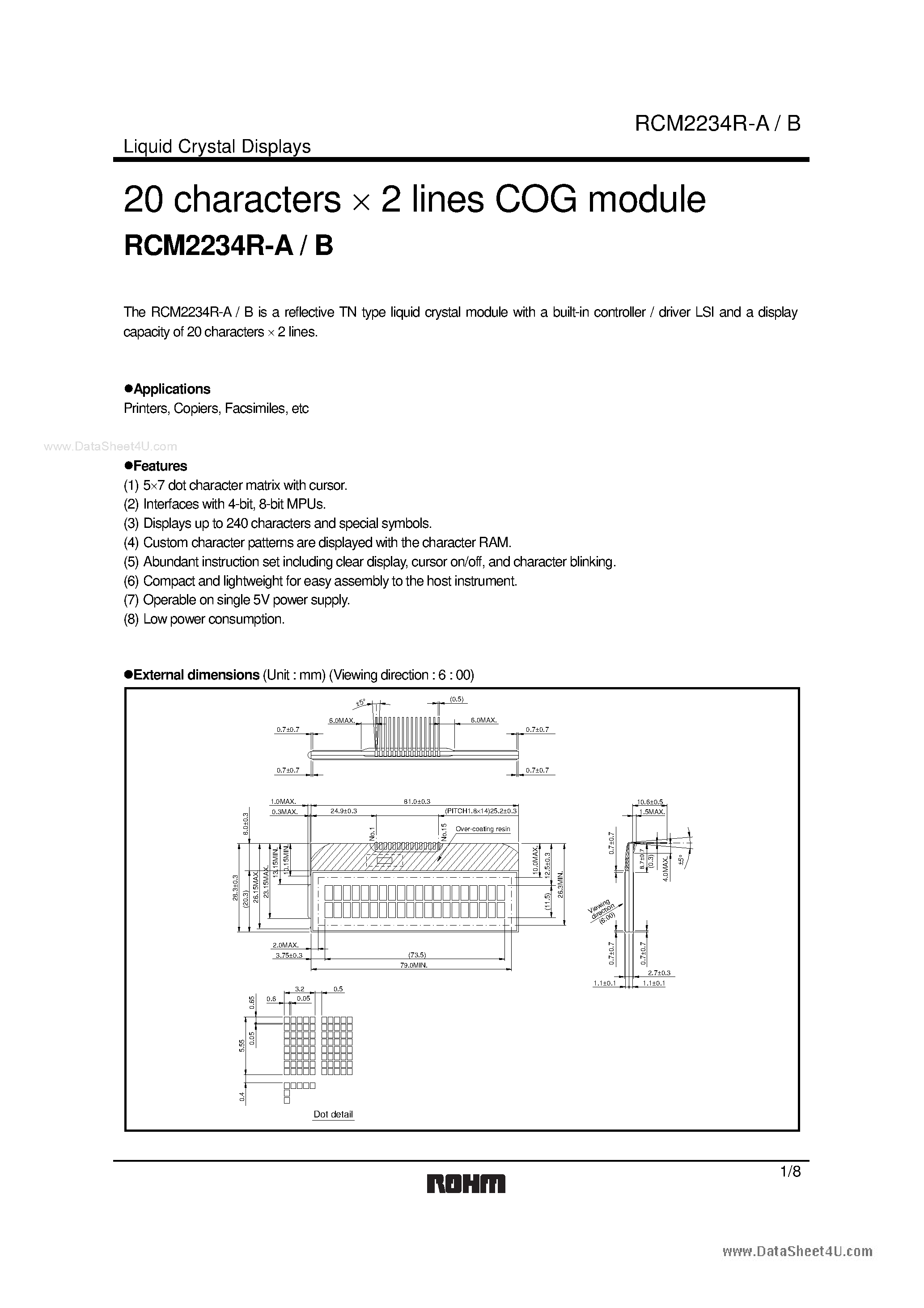 Даташит RCM2234R-A - 20 characters x 2 lines COG module страница 1