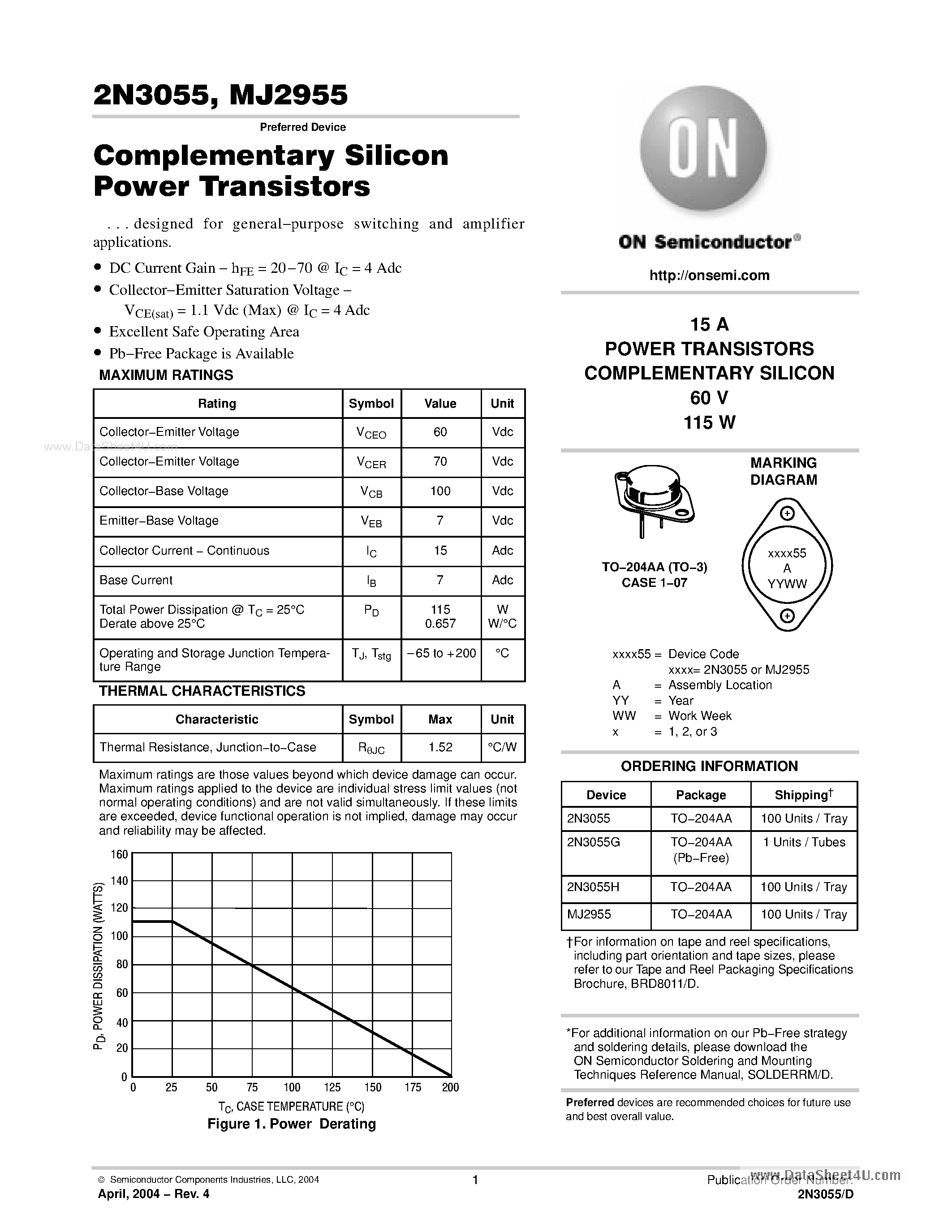 Даташит 2N3055 - Complementary Silicon Power Transistors страница 1