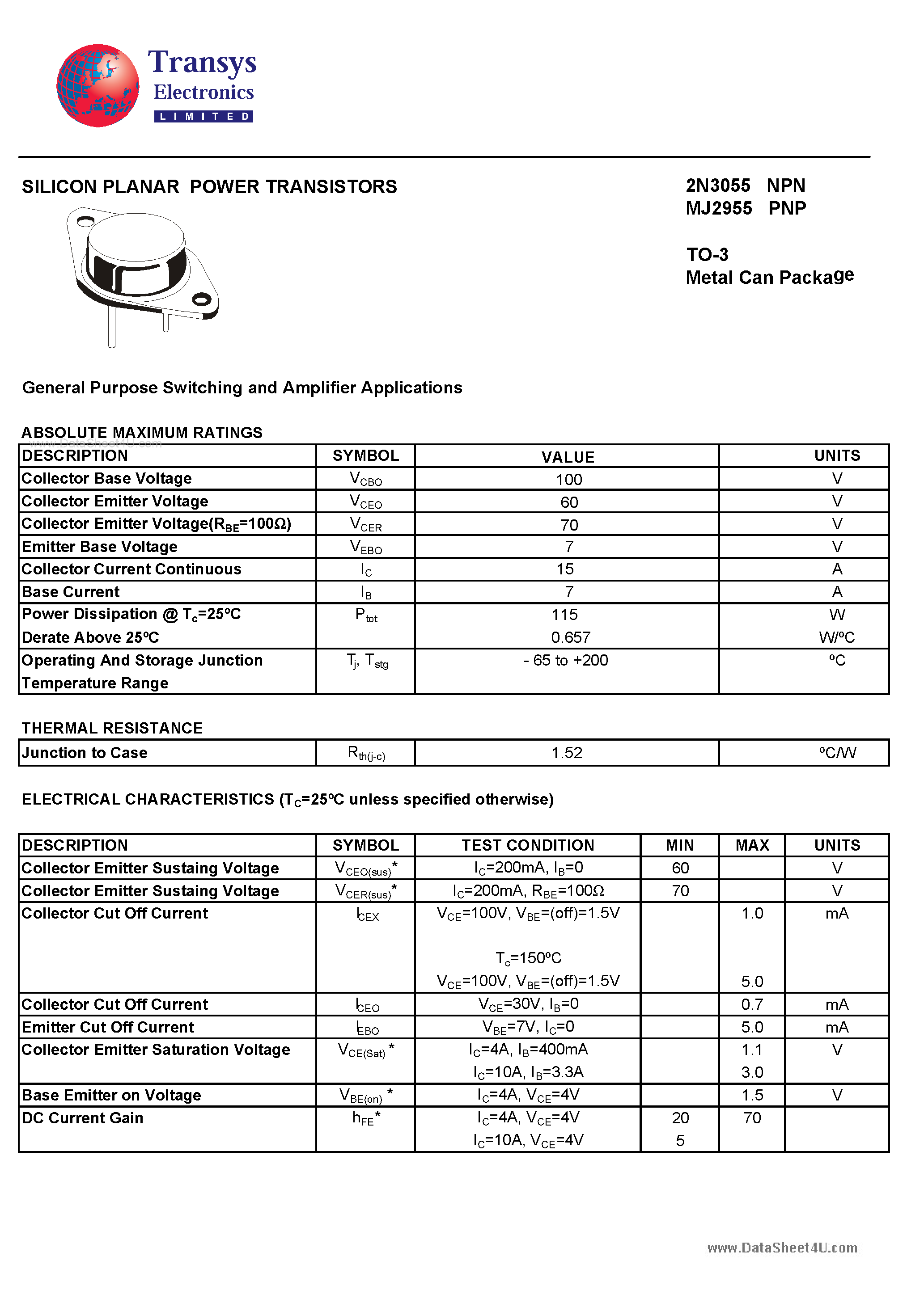 Даташит 2N3055 - SILICON PLANAR POWER TRANSISTORS страница 1