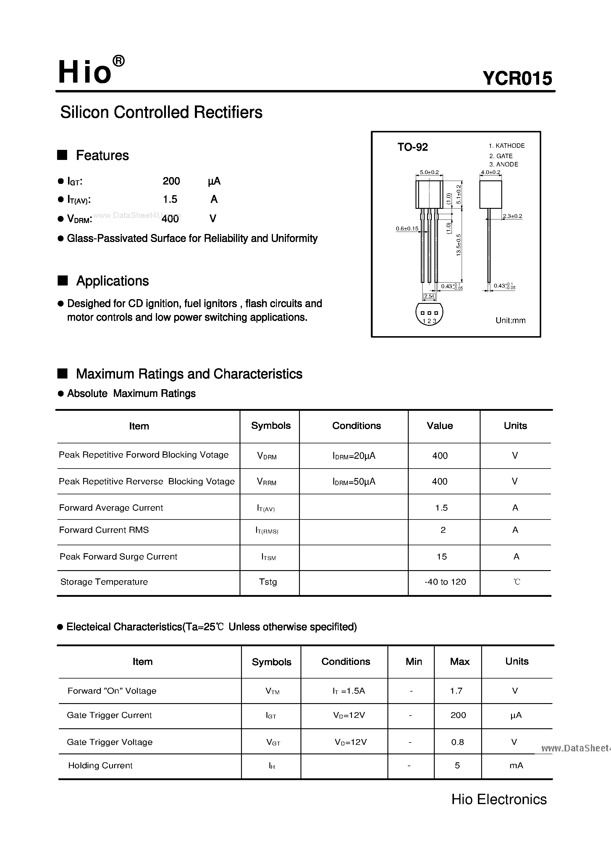 Datasheet YCR015 - Silicon Controlled Rectifiers page 1