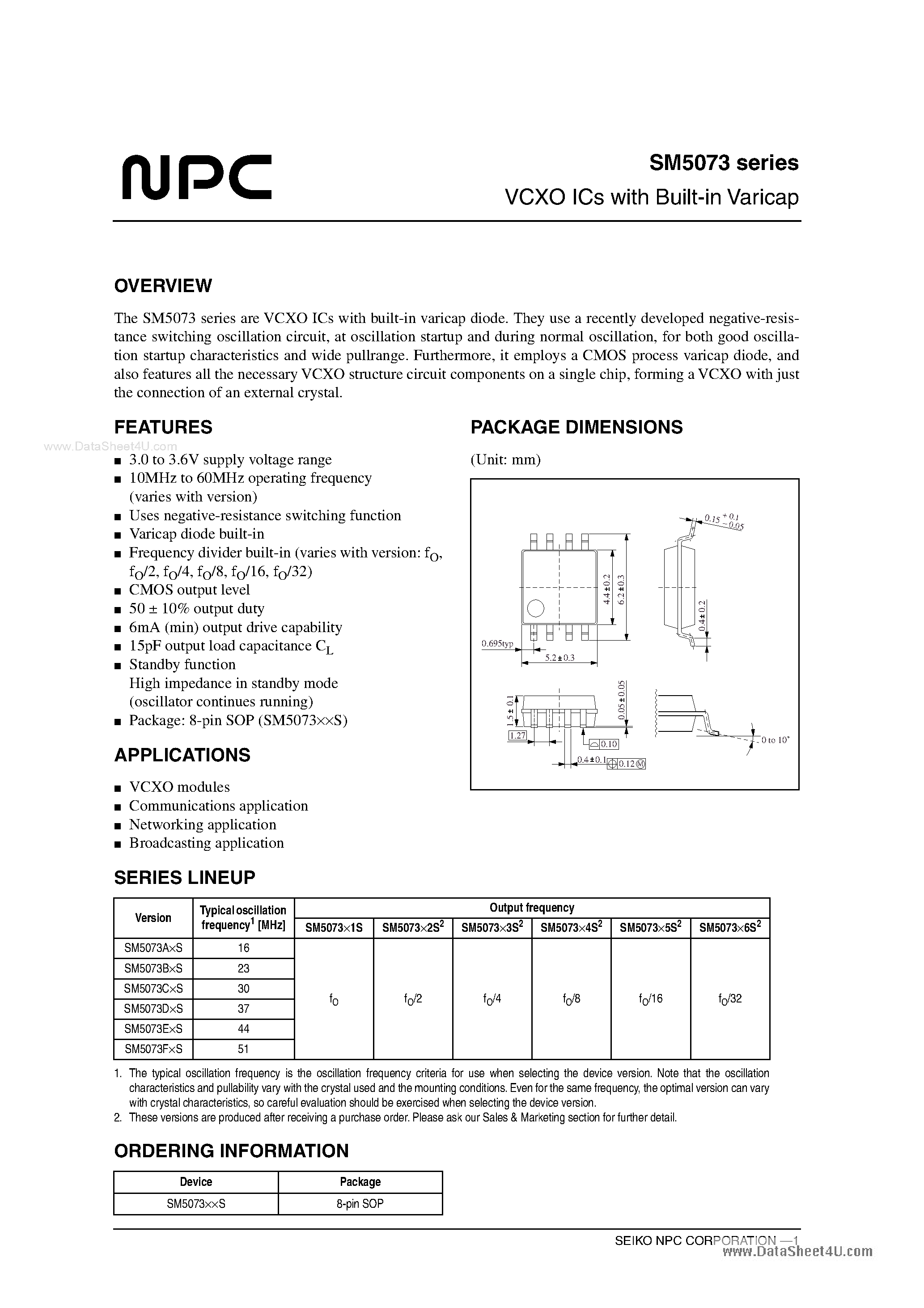 Datasheet SM5073 - VCXO ICs page 1