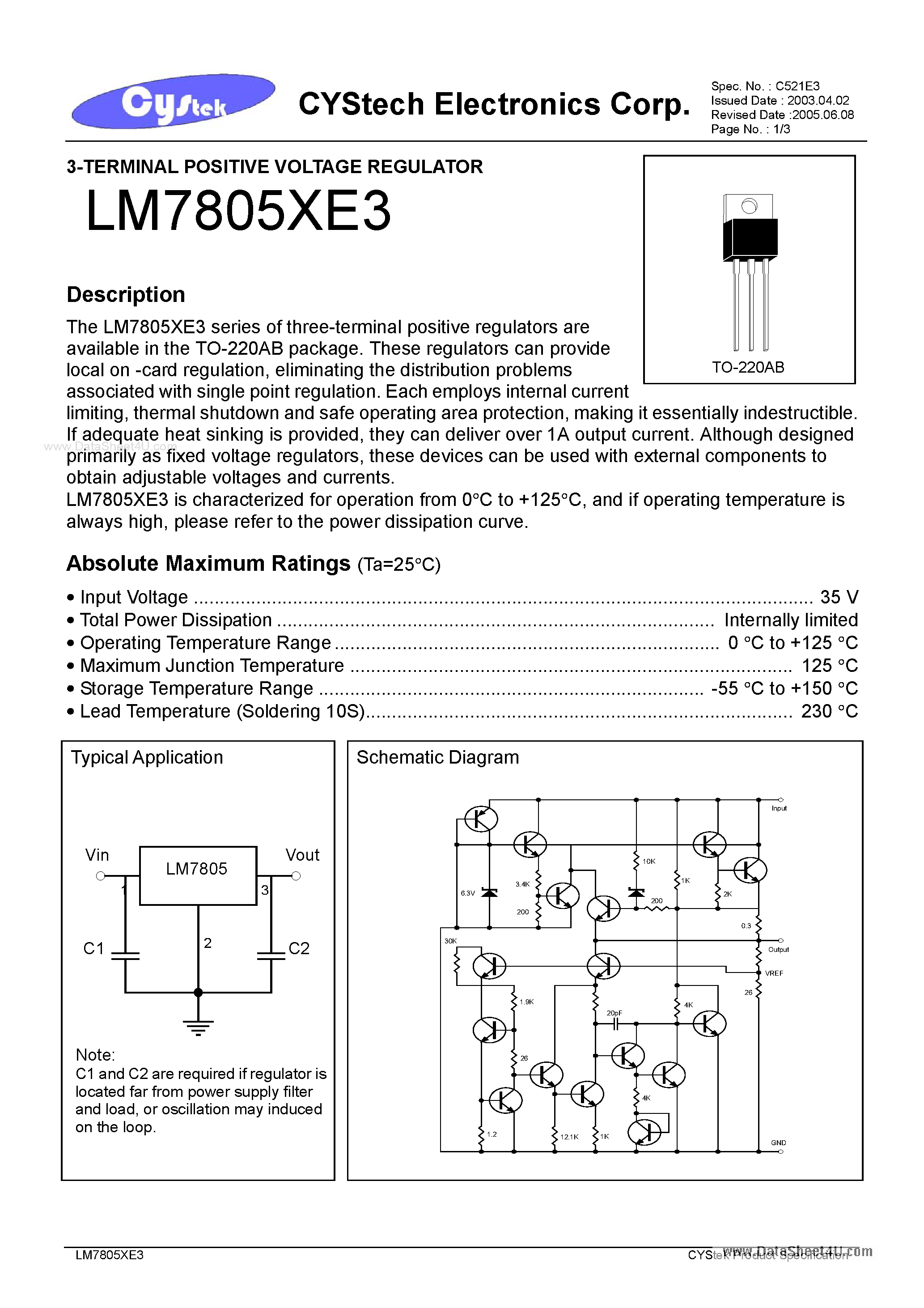 Даташит LM7805XE3 - 3-TERMINAL POSITIVE VOLTAGE REGULATOR страница 1