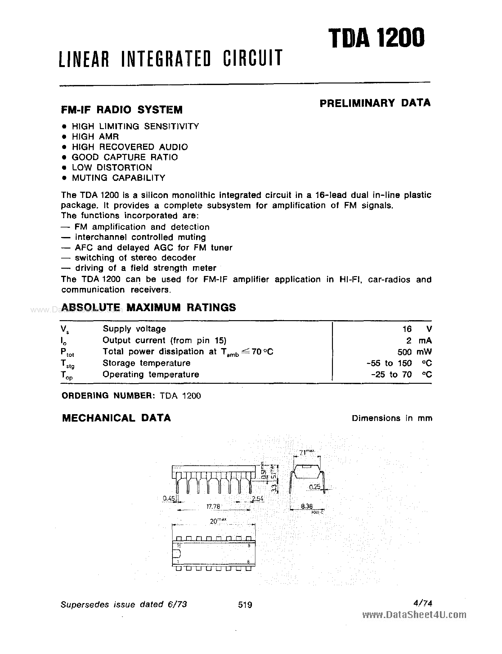 Datasheet TDA1200 - FM-IF Radio System page 1