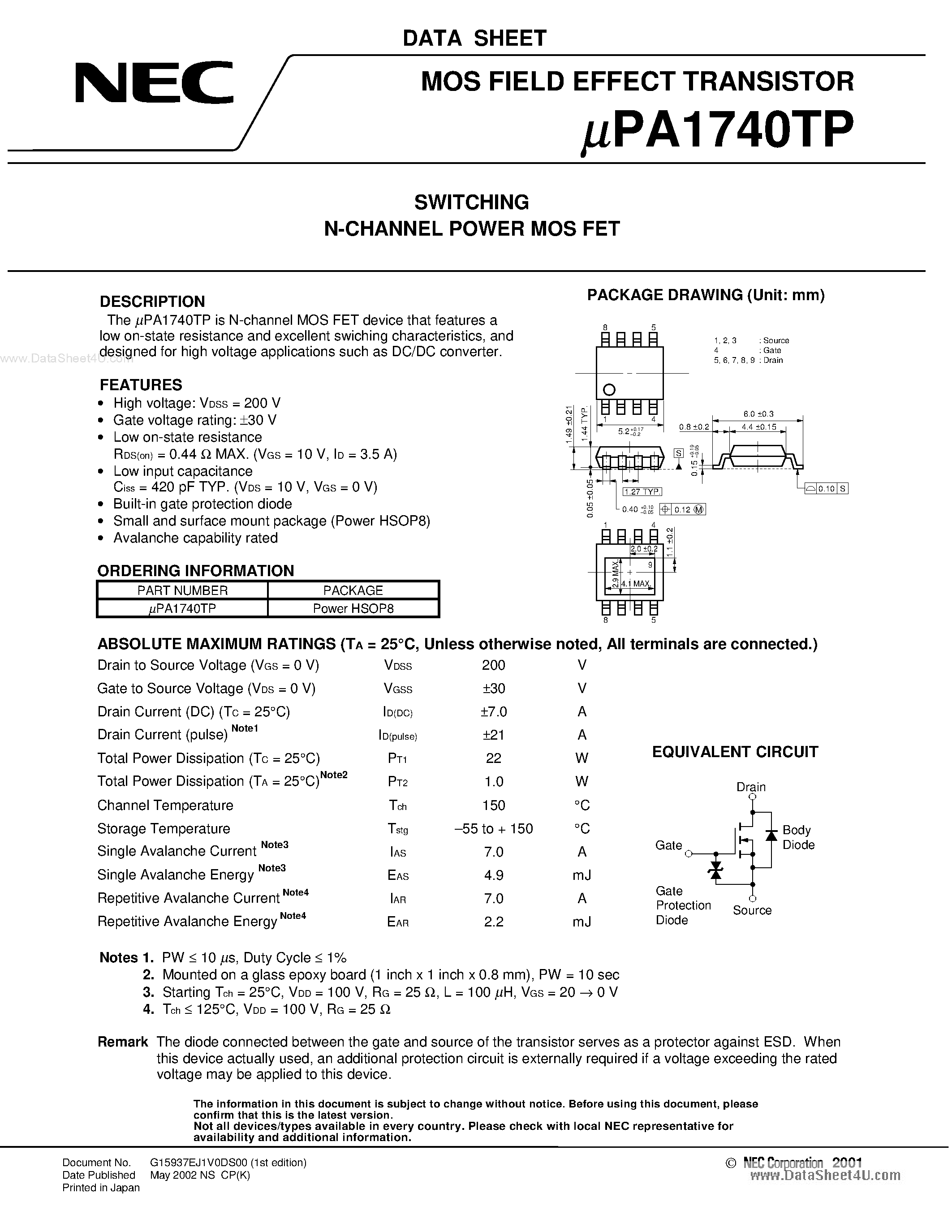 Даташит UPA1740TP - SWITCHING N-CHANNEL POWER MOSFET страница 1