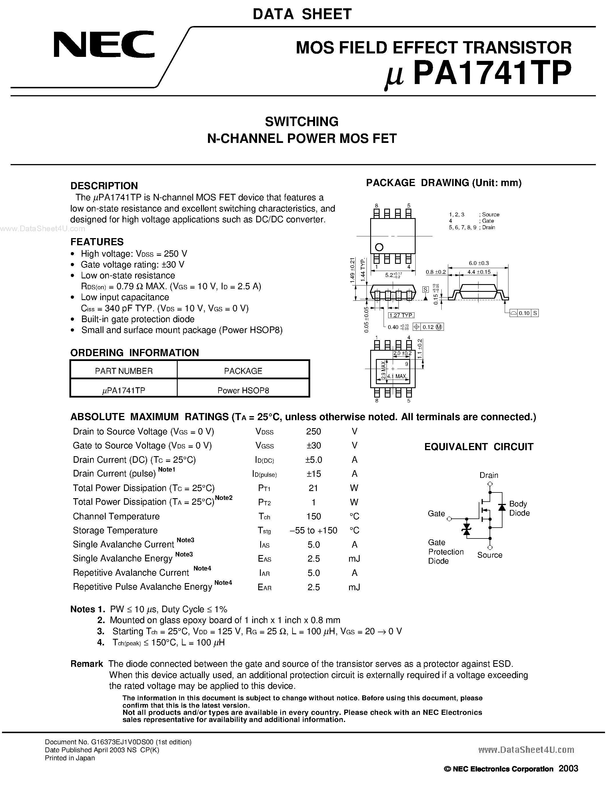 Даташит UPA1741TP - SWITCHING N-CHANNEL POWER MOSFET страница 1