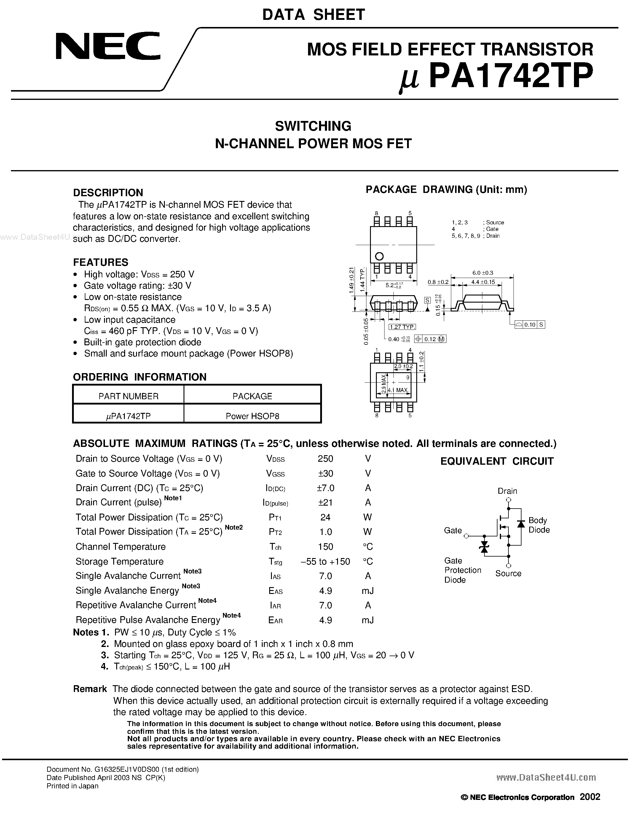 Даташит UPA1742TP - SWITCHING N-CHANNEL POWER MOSFET страница 1