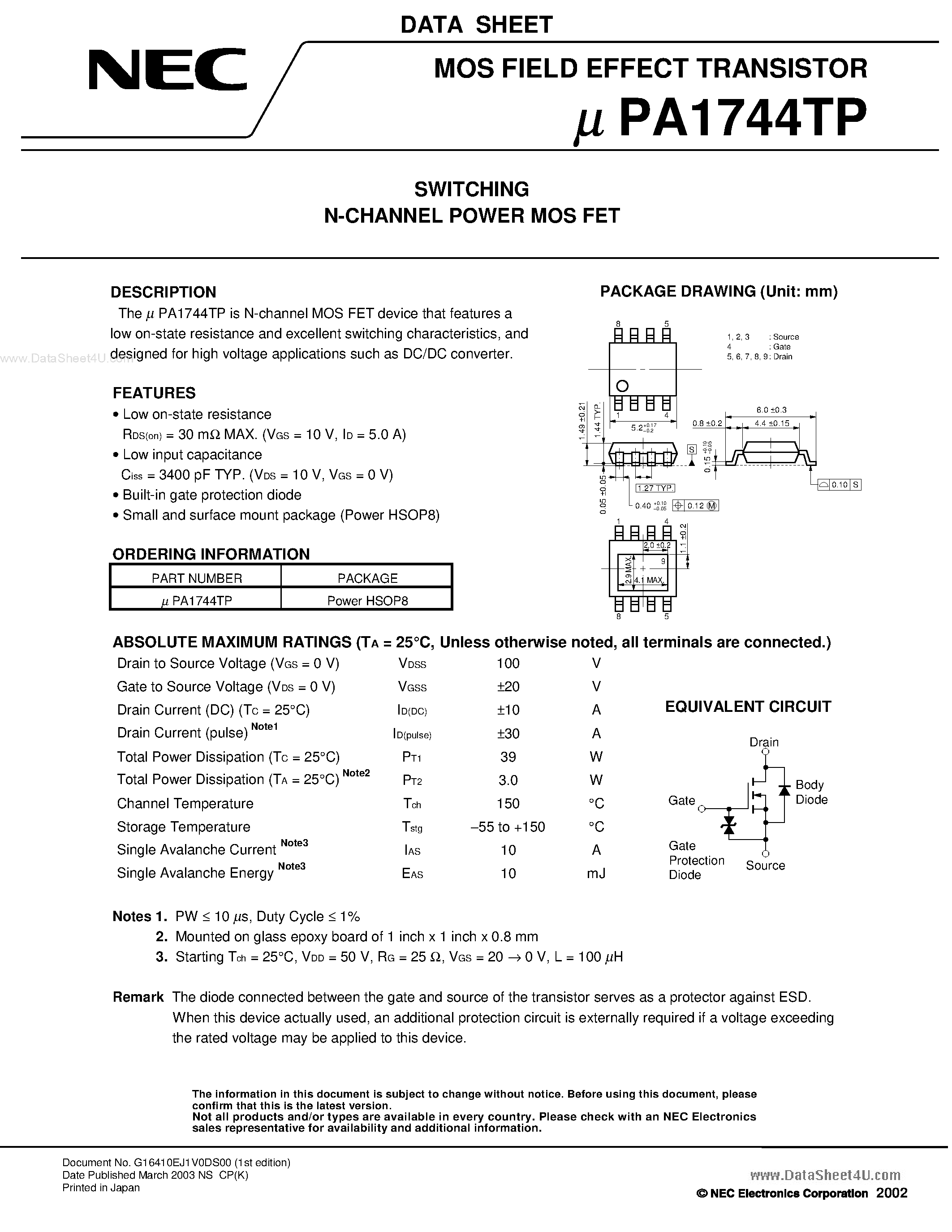 Даташит UPA1744TP - SWITCHING N-CHANNEL POWER MOSFET страница 1