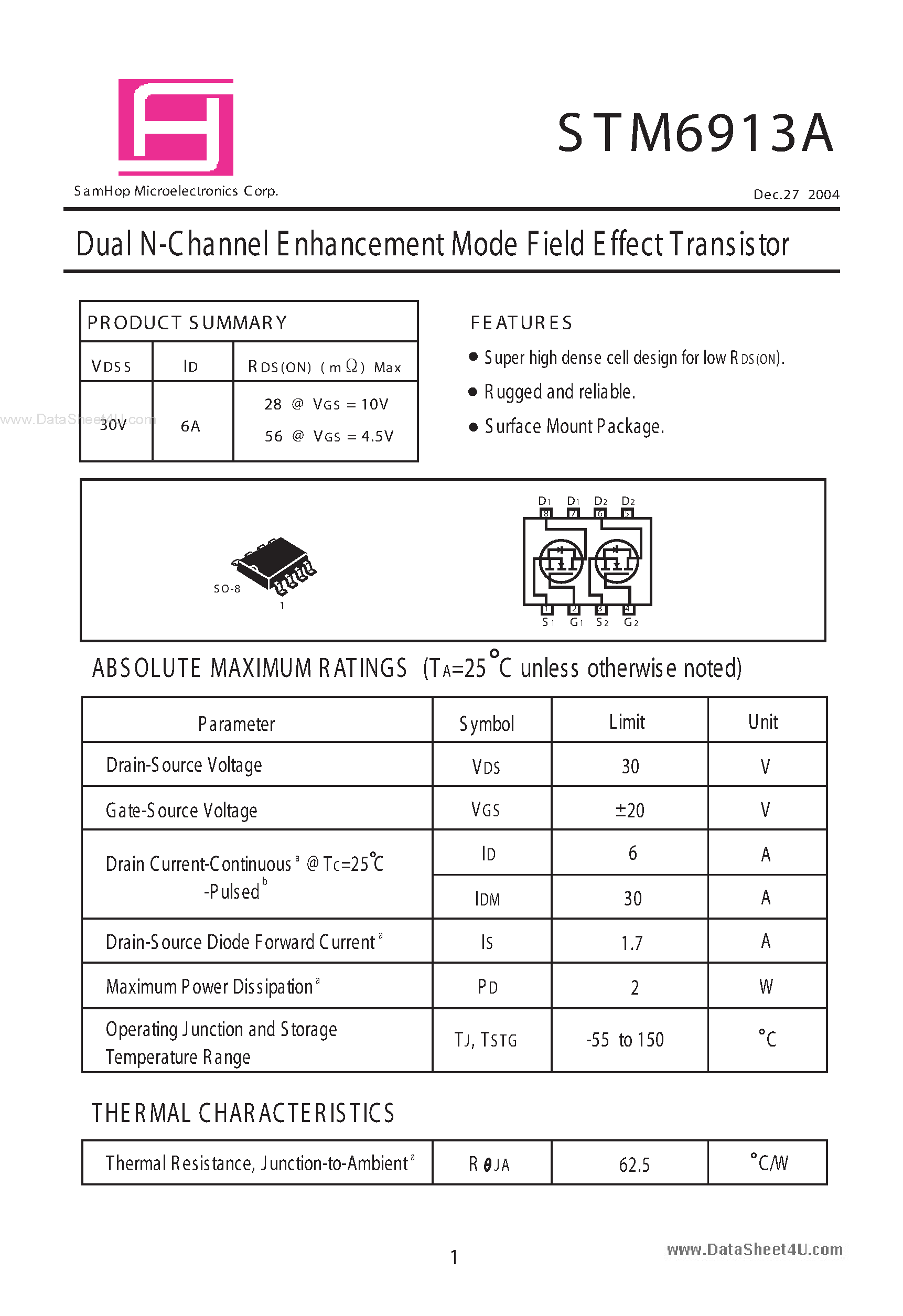 Datasheet STM6913A - Dual N-Channel E nhancement Mode Field Effect Transistor page 1