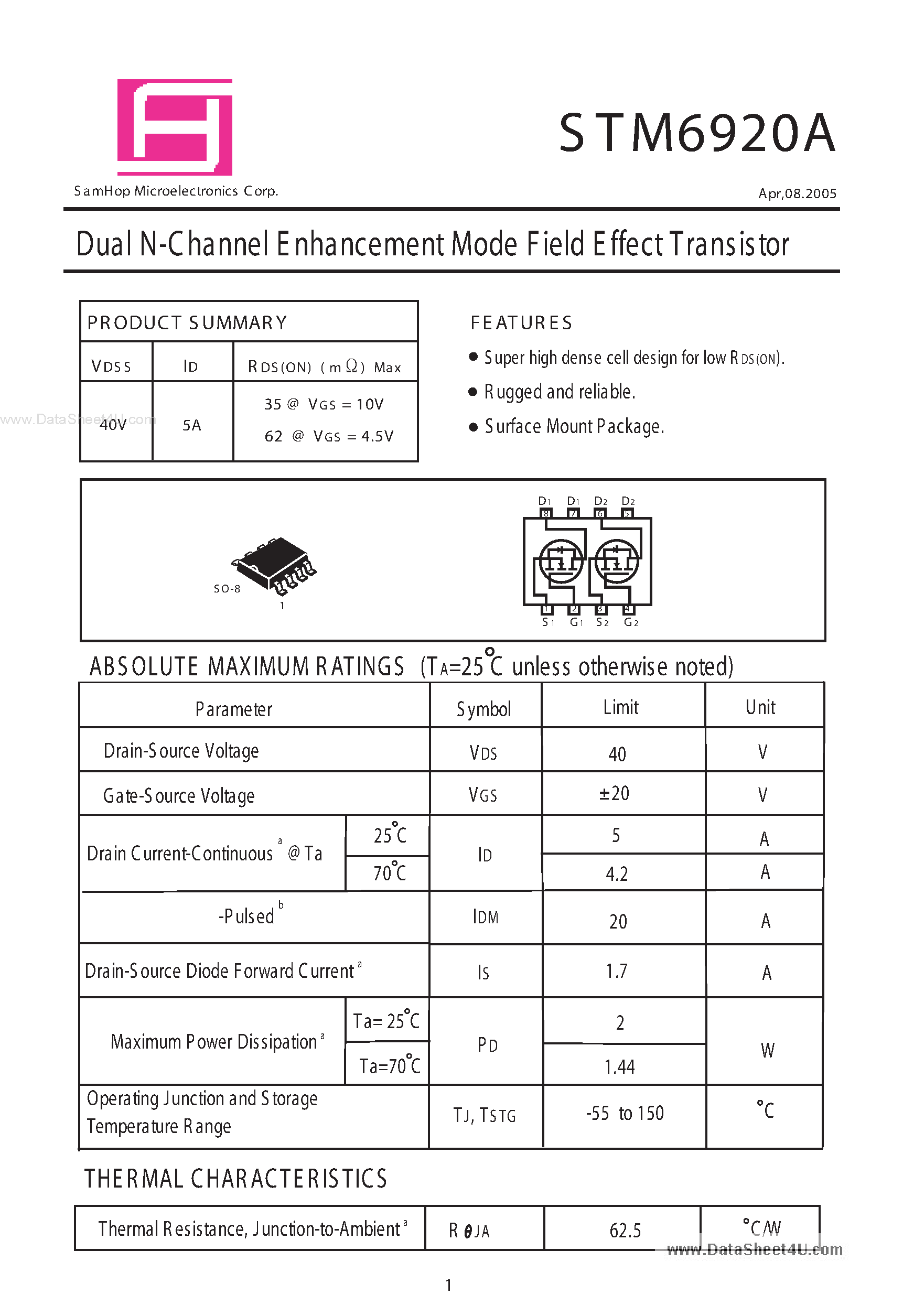 Datasheet STM6920A - Dual N-Channel E nhancement Mode Field Effect Transistor page 1