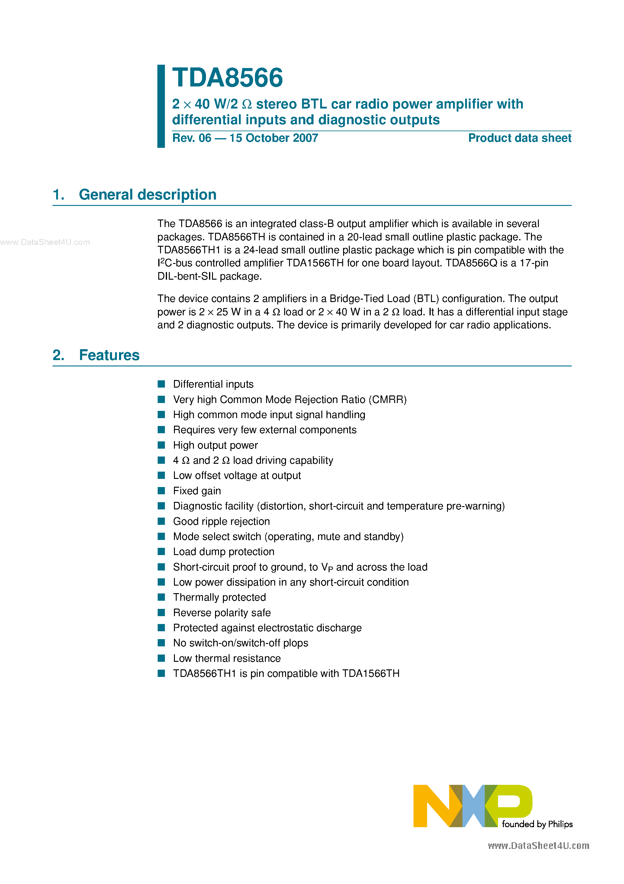 Даташит TDA8566 - stereo BTL car radio power amplifier страница 1
