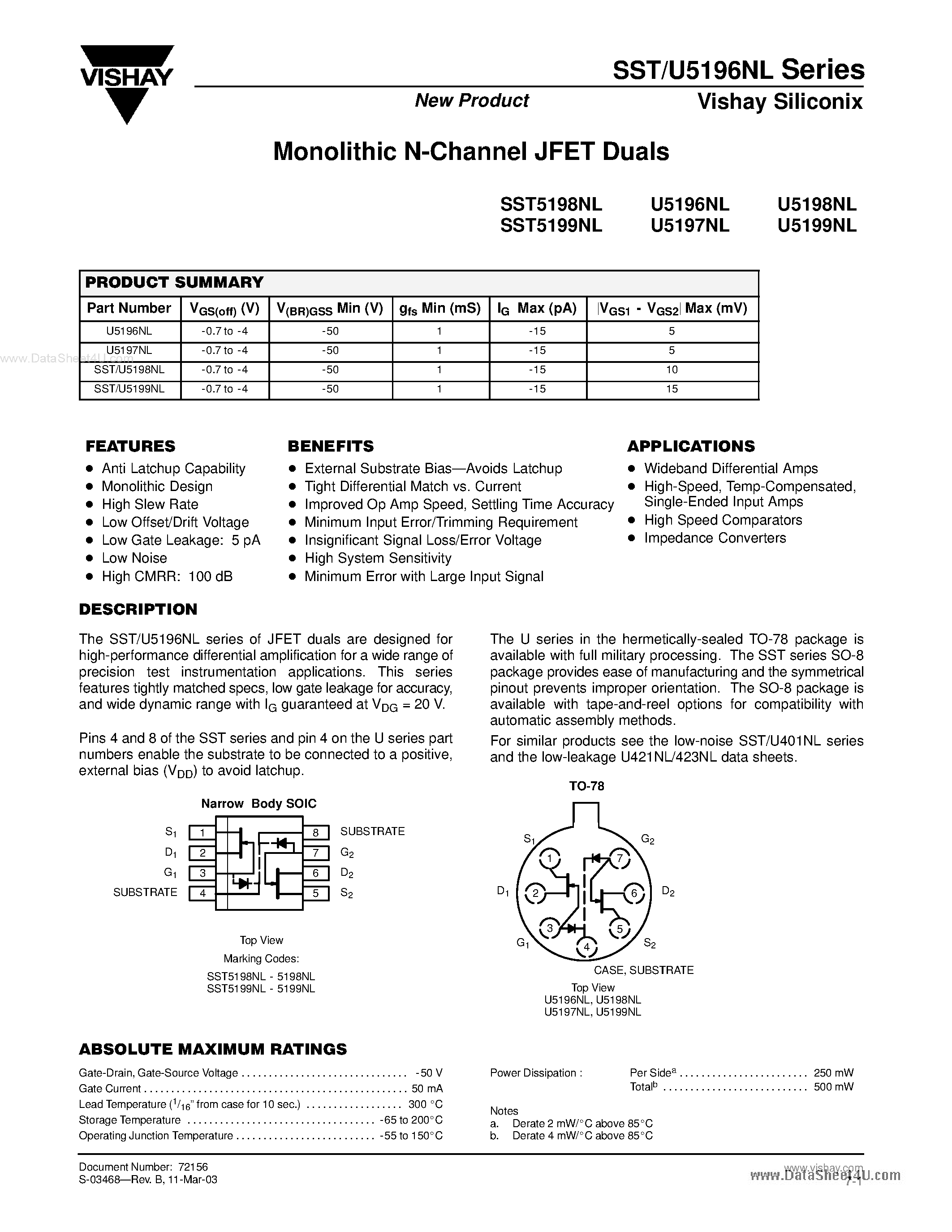 Даташит U5196NL - (U5196NL - U5199NL) Monolithic N-channel JFET Duals страница 1