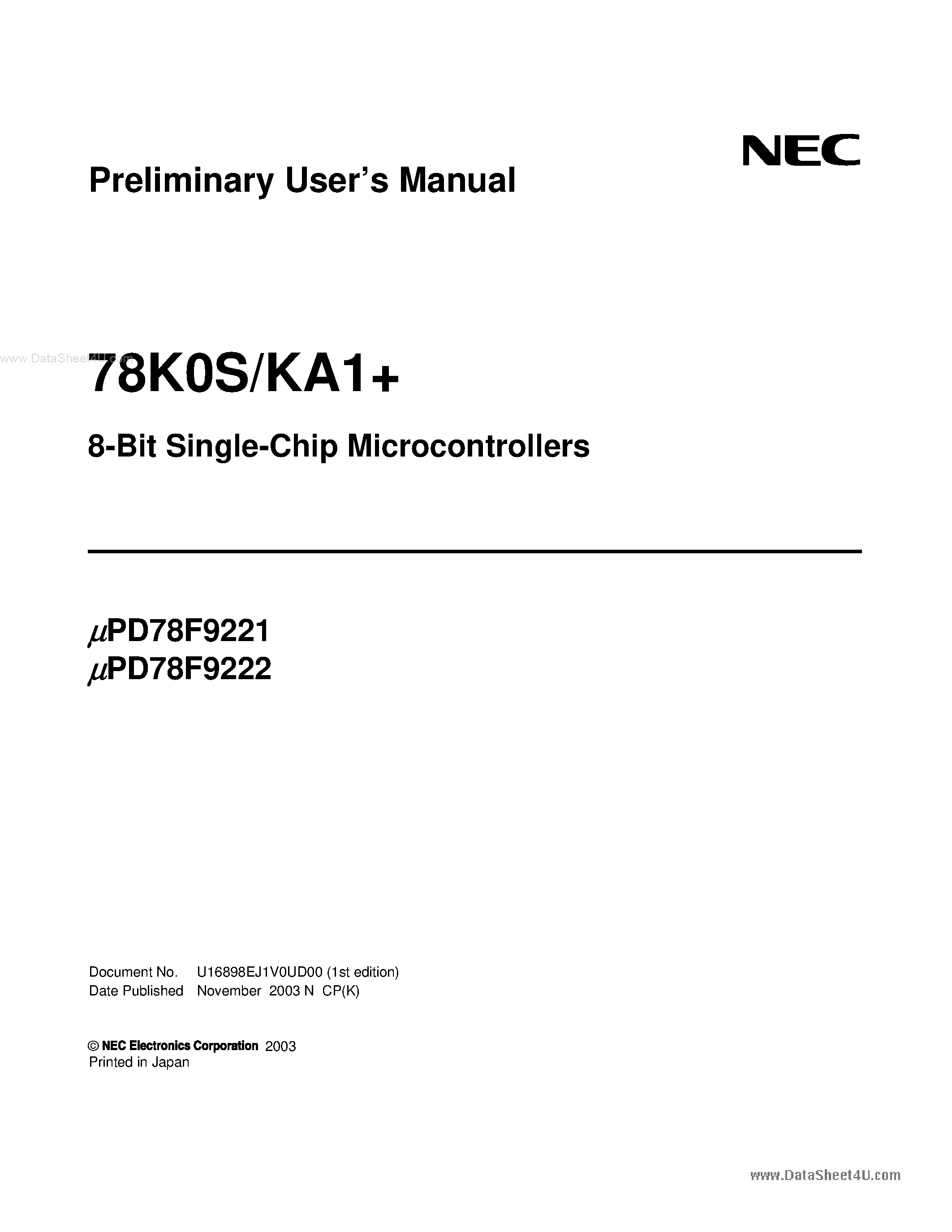 Даташит UPD78F9221 - (UPD78F9221 / UPD78F9222) 8-Bit Single-Chip Microcontrollers страница 1