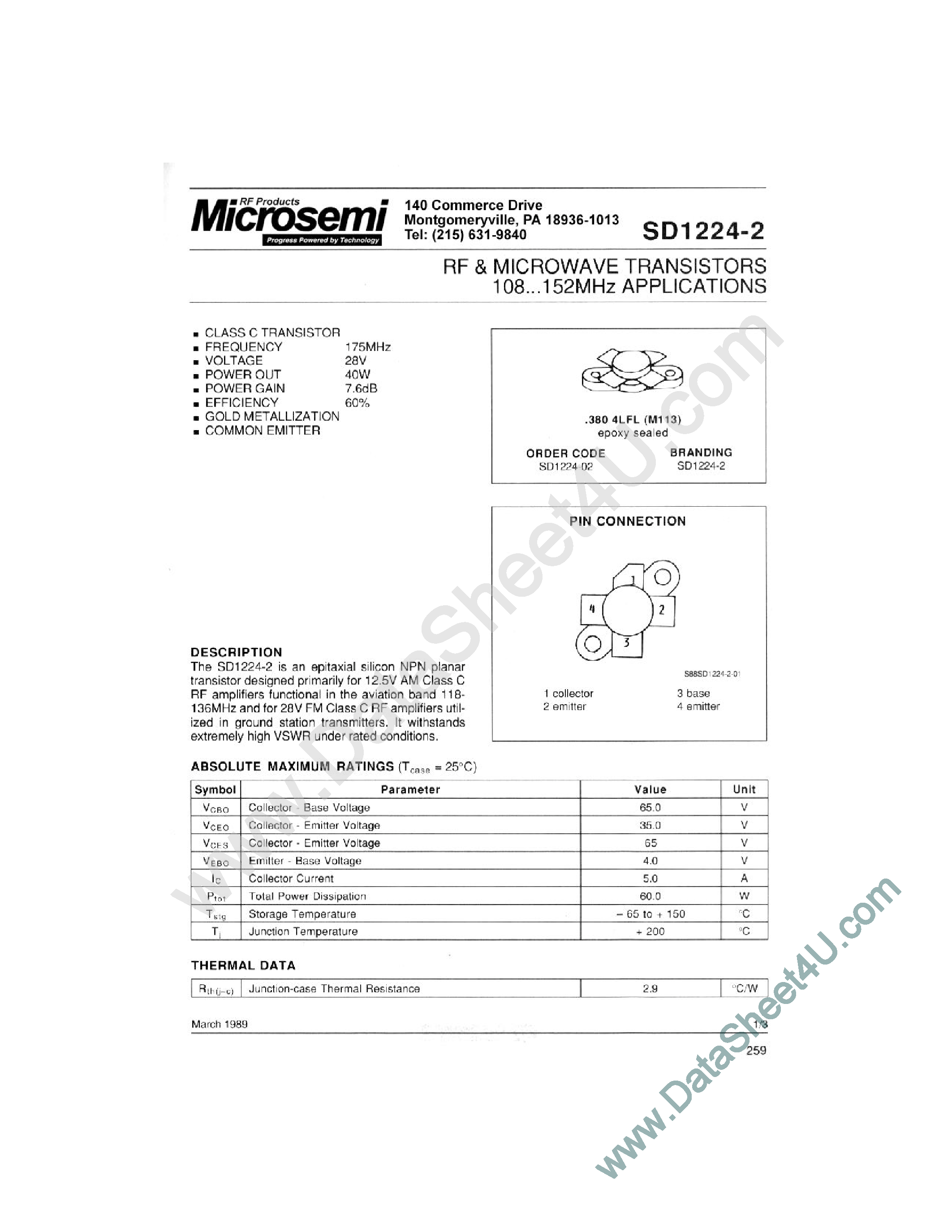 Datasheet SD1224-10 - RF & MICROWAVE TRANSISTORS HF SSB APPLICATIONS page 1