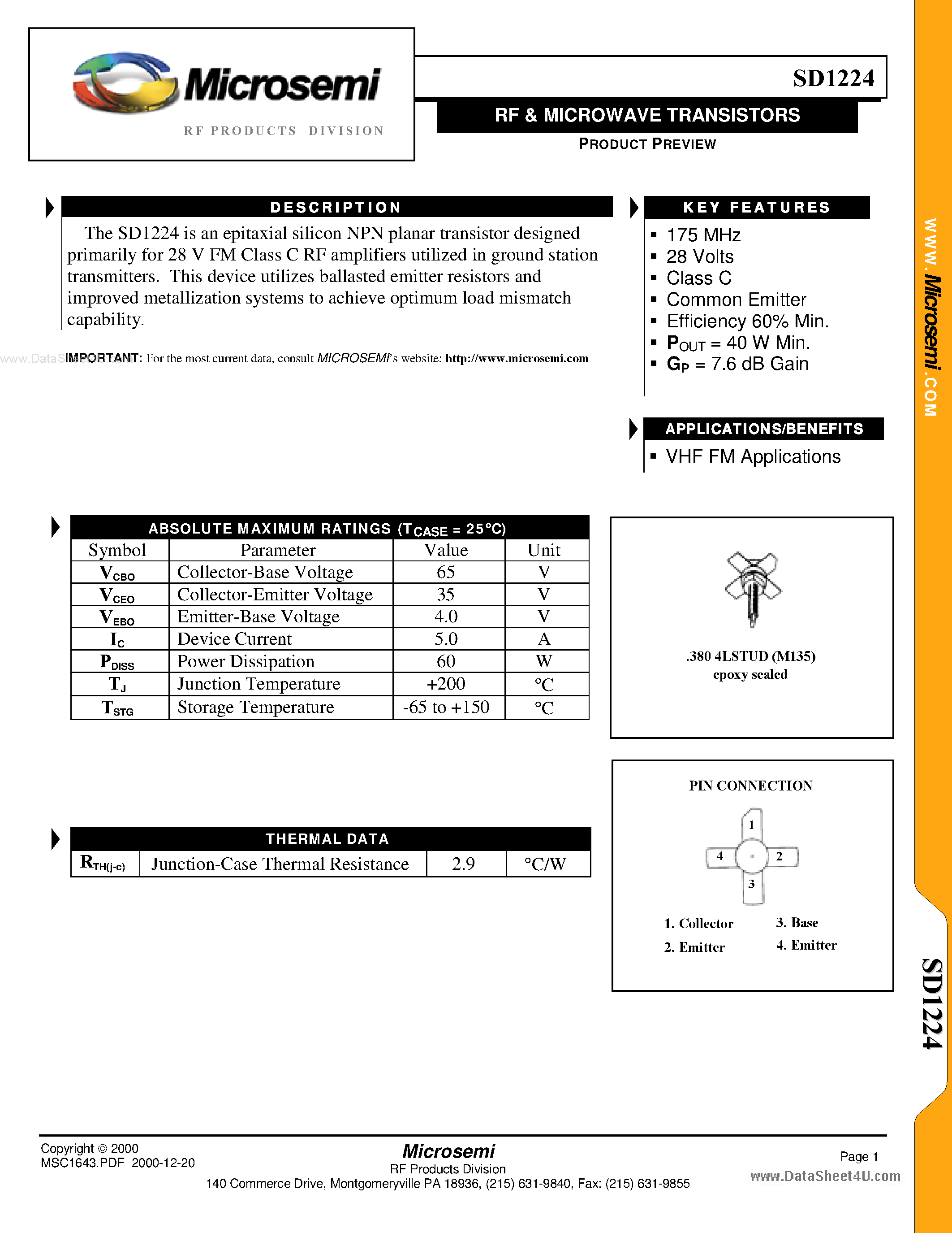 Datasheet SD1224 - RF & MICROWAVE TRANSISTORS page 1