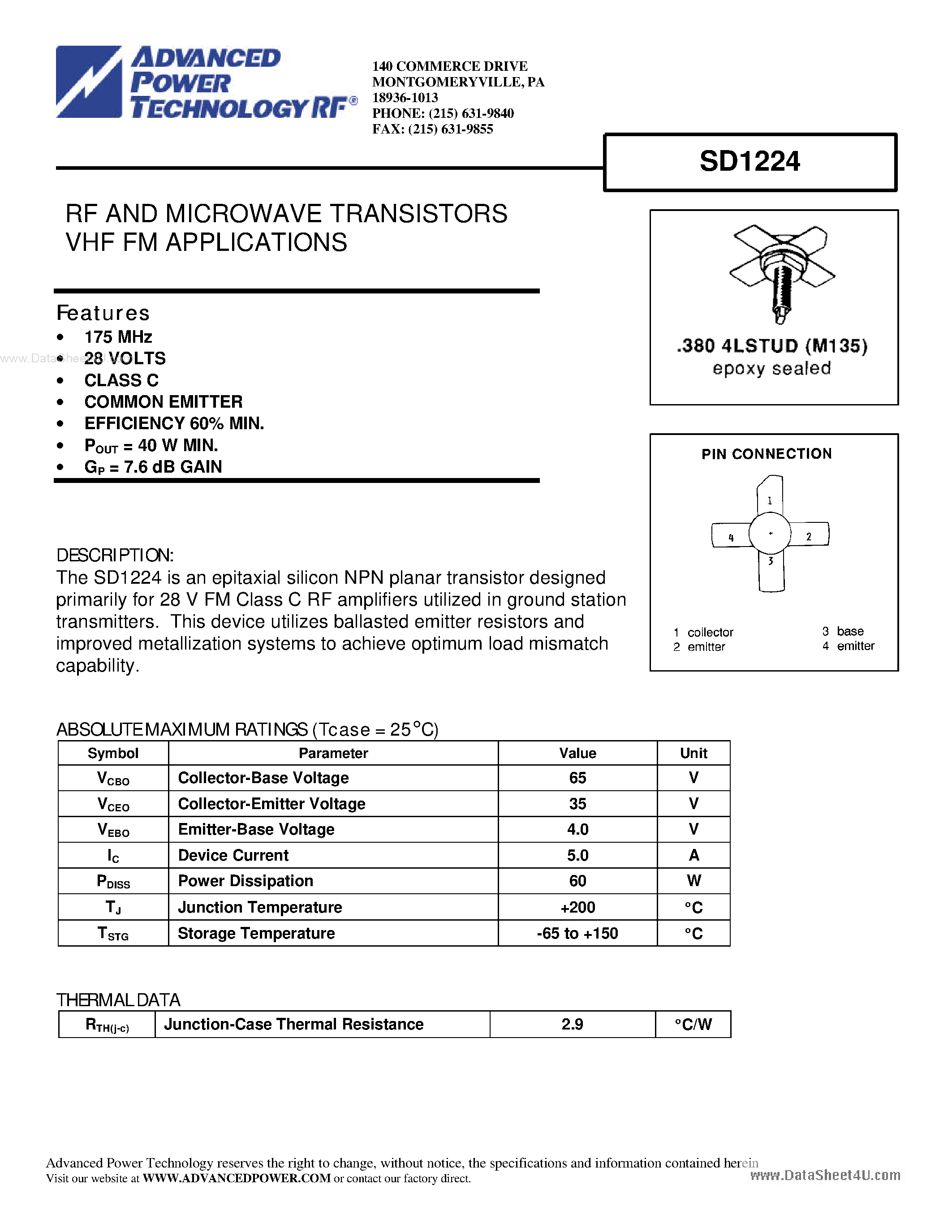 Datasheet SD1224 - RF AND MICROWAVE TRANSISTORS page 1